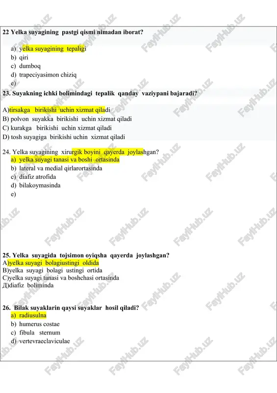 ashaklidagi súyakniń latin nominima? a) (ostrapezoideum) b) (oslunatum ) c) (ostriquetrum ) d) (ospisiform e) 48. kaft suyaklarida nima bor? a) asosi, tanasi va bası b) tepalik c) boyinva jingishke domboq d) anatomic boyin va domboq 49. iii kaftsúyaknińg orqa lateral boliminde nima bor? a) bigizsimon osik b) tajsiman osik c) tumchiqsiman osik e) sorgishsimon osik 50 kaft súyakning harbir tanasi qanday yuzaga ega (corpus ossis metacarpi) a) orqa, lateral va medial yuzasi c)oldi medial va dorsal c)ventral pastgiva medial e) oldingi tashqı va dorsal 51 bosh barmaqning lotin nomi nima? a. (polex) b. (digitussecundus) c. (digitusmedius) d. (digitusanularis 52kórsatkish barmoqnıńg latin nominima? a. (polex) b. (digitussecundus) c. (digitusmedius) d. (digitusanularis) 53 orta barmoqnıńg latin nominima? a. (polex) b. (digitussecundus) c. (digitusmedius) d. (digitusanularis) 54 eng kichik barmoqnıng lotin nomi nima? a. (polex) b. (digitussecundus) c. (digitusmedius) d. (digitusanularis) 55 barmoqlar va falangalarina aniqlama bering a. qısqa naysimon suyakga ega …