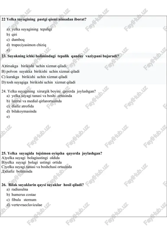 ashaklidagi súyakniń latin nominima? a) (ostrapezoideum) b) (oslunatum ) c) (ostriquetrum ) d) (ospisiform e) 48. kaft suyaklarida nima bor? a) asosi, tanasi va bası b) tepalik c) boyinva jingishke domboq d) anatomic boyin va domboq 49. iii kaftsúyaknińg orqa lateral boliminde nima bor? a) bigizsimon osik b) tajsiman osik c) tumchiqsiman osik e) sorgishsimon osik 50 kaft súyakning harbir tanasi qanday yuzaga ega (corpus ossis metacarpi) a) orqa, lateral va medial yuzasi c)oldi medial va dorsal c)ventral pastgiva medial e) oldingi tashqı va dorsal 51 bosh barmaqning lotin nomi nima? a. (polex) b. (digitussecundus) c. (digitusmedius) d. (digitusanularis 52kórsatkish barmoqnıńg latin nominima? a. (polex) b. (digitussecundus) c. (digitusmedius) d. (digitusanularis) 53 orta barmoqnıńg latin nominima? a. (polex) b. (digitussecundus) c. (digitusmedius) d. (digitusanularis) 54 eng kichik barmoqnıng lotin nomi nima? a. (polex) b. (digitussecundus) c. (digitusmedius) d. (digitusanularis) 55 barmoqlar va falangalarina aniqlama bering a. qısqa naysimon suyakga ega …