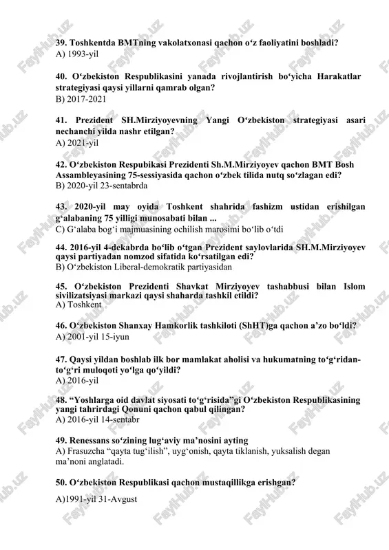 aol demokratik yangilanish va moderniztsiyalash jarayoni kuzatildi? a) 2000-yildan 70.oʻzbekiston ssrning mustaqillik deklaratsiyasi qachon qabul qilingan? a) 1990-yil 20-iyun 71.sovet ittifoqida davlat toʻntarishi sodir boʻlgan sanalarni koʻrsating? a) 19-21-avgust 72.“sssr gkchp ning oʻzbekiston ssr konstitutsiyasi va qonuniga zid hujjatlari oʻzbekiston hududida amal qilmaydi” degan qarori qachon qabul qilingan? a) 1991-yil 21-avgust 73.oʻzbekicton recpublikasining konstitutsiyasi 1992 yil bahori umumxalq muxokamasiga qoʻyilganda nechta moddadan iborat boʻlgan? a) 149 moddadan iborat 74. “oʻzbekiston respublikasi davlat mustaqilligi asoslari togʻrisida”gi qonun necha moddadan iborat? a) 17 moddadan iborat 75.“oʻzbekiston respublikasi mudofaa ishlari vazirligini tuzish toʻgʻrisida”gi qonun qaysi sanada qabul qilingan? b) 1991-yil 6-sentyabr 76. mamlakatimiz milliy davlatchiligining rivojlanishida mutlaqo yangi bosqichni boshlab bergan prezidentlik institutiga qachon asos solingan? a)1990-yil 24-mart 77. 1996-yil 18-oktyabrda oʻzbekistondagi qaysi muzey ochilishi boʻlib oʻtdi? a) toshkentda temuriylar tarixi muzeyi 78. oʻzbekiston davlat hokimyati tizimi nechta boʻlinish prinsipiga asoslanadi? a) 3 boʻlinish prinsipiga asoslanadi 79.har bir hokimiyat faoliyatini muvofiqlashtiruvchi mustaqil organ …