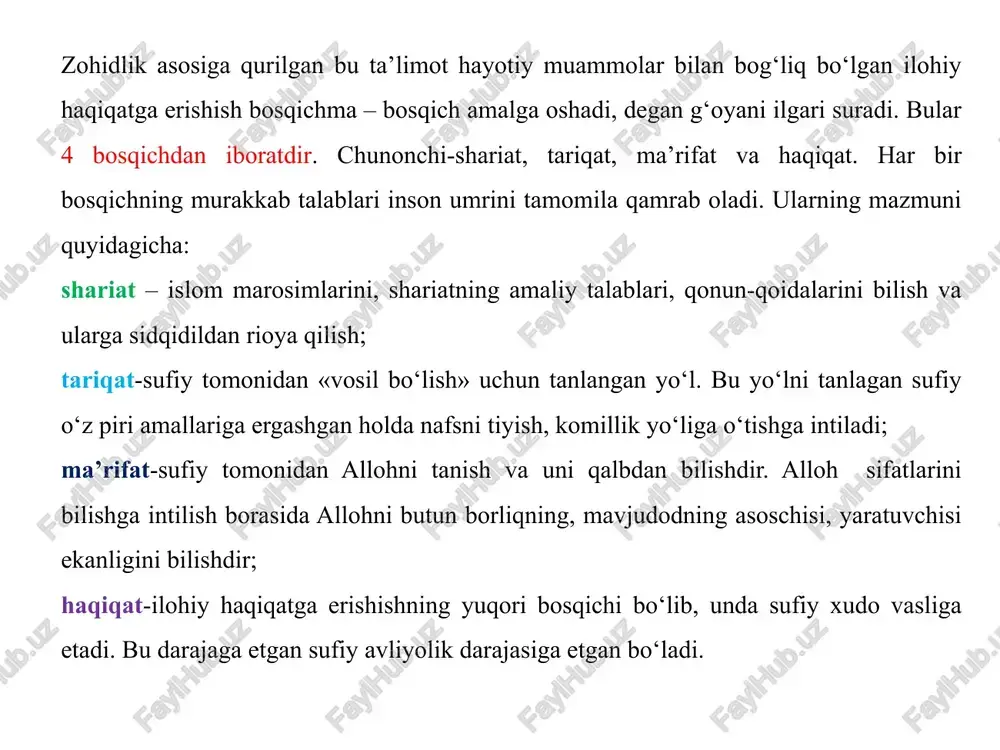ati bilan insonni ham botinan, ham zohiran har tomonlama takomillashtirish kabi ilg`or umuminsoniy qadriyatlar ifoda etilgan. yassaviy mol-dunyo to`plashga mutlaqo qiziqmagan, kambag`alparvar va g`aribparvar bo`lgan. yassaviy zamonining ezilgan toifasi “g`arib”, “etim”, “faqir”larning homiysi deb hisoblaydi. mol-dunyo, boylikka va davlat orttirishga mukkasidan ketgan, xasis va ochofat kishilarni beayov tanqid qilgan. yassaviy ta’limotida insonning o`zligini bilishni ustun qo`yadi. o`zini bilsa erdi haqni biladi, xudodan qo`rqadiyu, insofga keladi. lekin haqqa etishish oson emas, uning o`ziga xos qiyinchiliklari bor. yagona to`g`ri yo`l, u aslida xudo yo`lidir. har bir inson komil inson bo`lib etishishida “shayton vasvasasi”dan qutilish uchun o`z jonini ham, mol-mulkini ham ayamasligi lozim. xoja ahmad yassaviyning to’liq ismi – ahmad ibn ibrohim ibn mahmud ibn iftixor ibn ishoq. alloma dastlabki ta’limni yassida (hozirgi qozog’iston) oladi, so’ngra bobosi arslonbob xohishi bilan buxoroga borib, ta’lim olishni davom ettiradi. arslonbob vafotidan keyin yassaviy dunyo kezish uchun olis shaharlarga otlandi. islom dinining sharqdagi quvvati buxoroi sharif yosh …