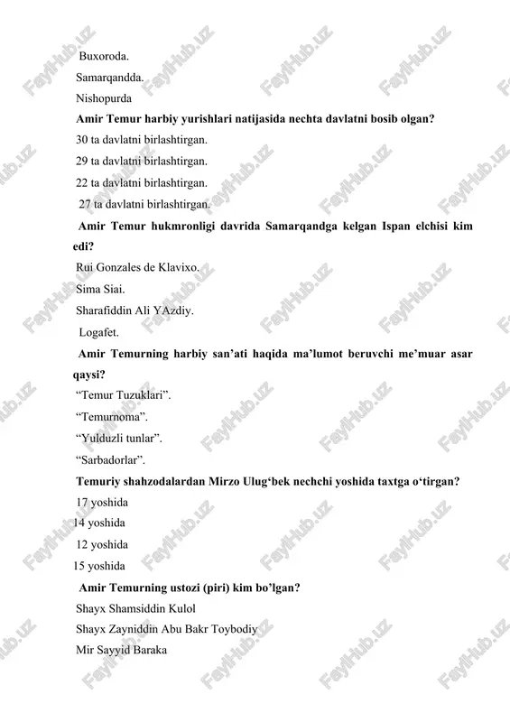 n, milliy ittiqod. “tarix millatlarning o‘tmishi, taraqqiyoti hamda tanazullining sabablarini o‘rganaturg’on ilmdir” ushbu so‘zlar qaysi jadid namoyondasiga tegishli? mahmudxo‘ja behbudiy abdurauf fitrat munavvar qori abdurashidxonov ishoqxon ibrat ismoil gaspirinskiy 40 kunda 12 ta o‘quvchini savodini chiqarish uchun qanday usulga asos solgan? yan omon komenskiy ta’limoti asosida uquvchilarni sinflarga bulib uqitish ta’limotiga asos solgan; hujralarda domla va otin oyilardan foydalanib o‘qitish usuli; jadidchilik maktablariga asos solgan avtokratik ta’lim usuliga asos solgan; o‘zbek teatri tarixida birinchi dramaturg kim? fitrat abdulhamid cho‘lpon maxmudxo‘ja behbudiy hamza hakimzoda niyoziy 13 yoshda jadidchilar safiga qo‘shilgan eng yosh ma’rifatparvar shoir kim? abdulla avloniy abdulhamid cho‘lpon maxmudxo‘ja behbudiy lutfullo olimiy. “qaysi millat yashashni (ravnaqu, taraqqiyotni) istasa, - – tarixini bilishi lozim bo‘ladi, zero, tarix bir ko‘zguga o‘xshaydi» ushbu so‘zlar qaysi allama tomonidan aytilgan? abdurauf fitrat cho‘lpon abdulla avloniy a.qodiriy yurtimiz xududining qaysi shahrida birinchi “rus-tuzem” maktabi ochildi? samarqandda xorazmda buxoroda toshkentda “turkiston muxtoriyati” necha kun faoliyat olib borgan? …