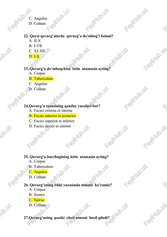 esiya plastinka shaklida s kvadrat plastinka shaklida d bugilgan plastinka shaklida 68. qovurg’alarning bo’yin yuzalari qay erda bo’ladi? a . qovurg’alarning’ orqa qisimida b. qovurg’alarning oldingi qismida s . qovurg’alarning bo’yin qismida d qovurg’alarning bosh qisimida 69 qovurg’alarning necha yuzalari boladi. a 4 b 3 s 6 d. 2 70. qovurg’a oraliq nerv va qon tomir qovurg’aning qayerida joylashgan? a. qovurg’a do’nligida b . qovurg’a qirinda s . qovurg’a pastki qismida d qovurg’a egatchasida 71. qaysi suyakda oldingi zangisimon mushak joylashgan? a) o’mrov suyagi b) ii qovurg’a; c) iv bo’yin umirtqasining tanasida d) i qovurg’ada 72. qaysi qovurg’ada burchagi do’mboq bilan to’g’ri keladi? a) i b) xi; c) xii; d) x. 73. kursatilgan qaysi qovurg’alarda boshinda qiri , qovurg’a burchagi qovurg’a do’mbog’i bo’lmaydi a) i qovurg’ada b) viii qovurg’ada c) x qovurg’ada d) xii qovurg’ada 74. i qovurg’aning yuzalari qanday sathda yotadi a) frontal b) sagital c) gorizontal d) bertikal. …