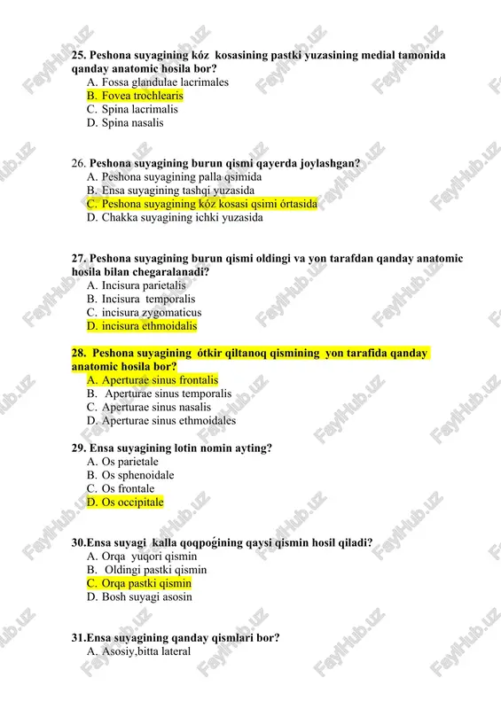 us condylaris c. prcosessus jugularis d. processus parietalis 46.ensa suyagining lateral va asosiy qismida qanday anatomik hosila bor? a. tuberculum glossus b. tuberculum cochlearis c. tuberculum jugulare d. tuberculum petrosus 47. ensa suyagining palla qismining ichki tarafida qanday anatomik hosila bor? a. eminentia crusiformis b. protuberentia occipitalis externa c. crista occipitalis externa d. linea nuchae superior 48. ensa suyagining palla qismining ichki tarafida qanday chuqurcha bor? a. miya chuqurchasi b. oraliq miya chuqurchasi c. uzunchoq miya chuqurchasi d. kóprik chuqurchasi 49. ensa suyagining palla qismi oldingi pastki tarafi nima chegaralanadi? a. katta tepa teshigi oldingi qismi b. katta peshona teshigi yon qismi c. katta ensa teshigi orqa qismi d. katta chakka teshigi pastki qismi 50. ensa suyagining palla qismi yon tarafi qaysi suyaklar bilan birikadi? a. tepa va peshona b. peshona va chakka c. chakka va ensa d. chakka va tepa 51. ensa suyagining ichki butsimon tepada qanday egatlar ótadi? …