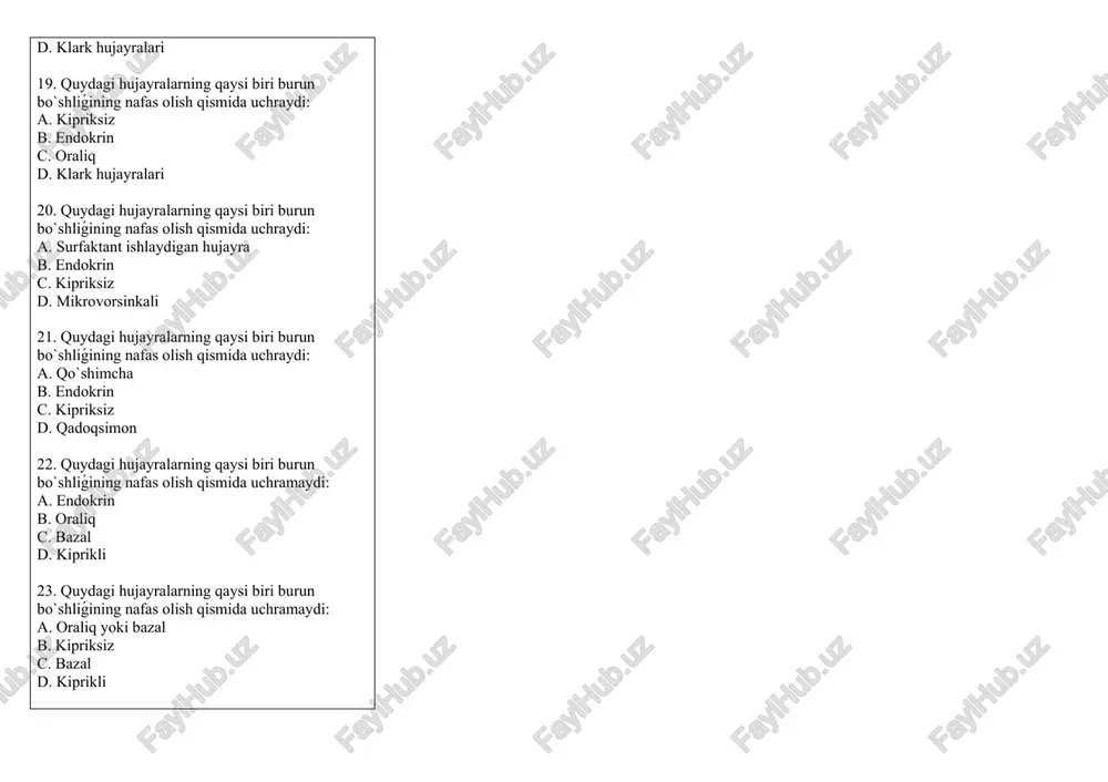 qaysi pardasida joylashgan: a. shilliq pardasida b. shilliq pardaning xususiy plastinkasida c. fibroz-toǵay pardasida d. shilliq osti pardasida 47. traxeyaning shilliq osti pardasida qanday bezlar joylashgan: a. shilliq v. seroz s. bezlar yoq d. aralash 48. traxeyaning aralash (oqsil-shilliq) bezlari qaysi pardasida joylashgan: a. shilliq pardasida b. shilliq pardaning xususiy plastinkasida c. fibroz-toǵay pardasida d. shilliq osti pardasida 49.traxeyaning fibroz-toǵay pardasi qanday toǵaydan turadi: a. gialin b. elastik c. tolali d. gialin va elastik 50.traxeyaning fibroz-togay pardasi qanday togaydan toshkil topgan a. gialin b. elastik c. tolalı d. gialin va elastik 51. traxeyaning adventitsial pardasi qanday to`qimadan turadi: a. fibroz-toǵaydan b. ko`p qavatli yassi epiteliydan c. siyrak tolali shakllanmagan biriktiruvchi to`qimadan d. zich tolali shakllanmagan biriktiruvchi to`qimadan 52. bronxlarning devori qanday pardalardan tuzilgan: a. shilliq, shilliq osti, mushak va adventitsial b. shilliq, shilliq osti, fibroz-toǵay va adventitsial c. shilliq, fibroz-toǵay va adventitsial d. shilliq, mushak va adventitsial 53. bosh bronxning …