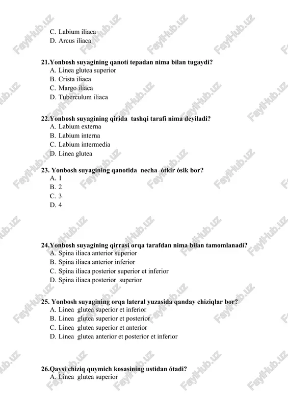 lum obturaturum 57.naysimon suyaklarining eng uzuni qaysi suyak? a. son b. yelka c. katta boldir d. kichik boldir 58. femur -bu qaysi suyak? a. son b. yelka c. katta boldir d. kichik boldir 59.son suyagining qanday qismlari bor? a. tanasi va bitta epifiz b. diafiz va ikkita epifiz c. tanasi va shoxi d. tanasi va qanoti 60.son suyagining boshchasi qaysi qismida bóladi? a. proksimal epifiz b. distal epifiz c. medial epifiz d. pastki dóng qismida 61.son suyagining boshchasi qaysi suyakga birigadi? a. chanoq suyagi b. katta boltir suyagi c. kichik boltir suyagi d. yelka suyagi 62.son suyagining boshchasi lotincha nima deyiladi? a. caput tibia b. caput femoris c. capitis fibula d. caput tarsus 63. son suyagining boshchasinda nima bor? a. fossa femoris b. fovea capitis femoris c. tuber capitis femoris d. collum capitis femoris 64.son suyagining bóyni va tanasida qanday kóstlar bor? a. katta va kichik b. yóqori va pastki …