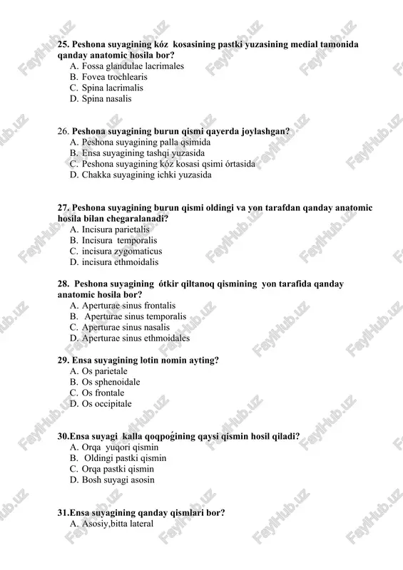 us condylaris c. prcosessus jugularis d. processus parietalis 46.ensa suyagining lateral va asosiy qismida qanday anatomik hosila bor? a. tuberculum glossus b. tuberculum cochlearis c. tuberculum jugulare d. tuberculum petrosus 47. ensa suyagining palla qismining ichki tarafida qanday anatomik hosila bor? a. eminentia crusiformis b. protuberentia occipitalis externa c. crista occipitalis externa d. linea nuchae superior 48. ensa suyagining palla qismining ichki tarafida qanday chuqurcha bor? a. miya chuqurchasi b. oraliq miya chuqurchasi c. uzunchoq miya chuqurchasi d. kóprik chuqurchasi 49. ensa suyagining palla qismi oldingi pastki tarafi nima chegaralanadi? a. katta tepa teshigi oldingi qismi b. katta peshona teshigi yon qismi c. katta ensa teshigi orqa qismi d. katta chakka teshigi pastki qismi 50. ensa suyagining palla qismi yon tarafi qaysi suyaklar bilan birikadi? a. tepa va peshona b. peshona va chakka c. chakka va ensa d. chakka va tepa 51. ensa suyagining ichki butsimon tepada qanday egatlar ótadi? …