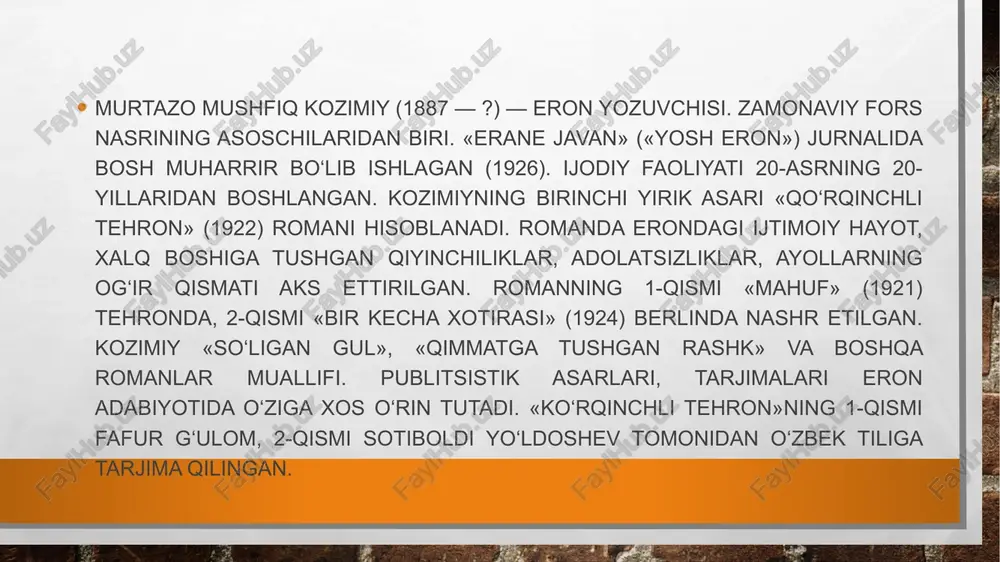 gan. tagorning «halokat» romani asosida tayyorlangan «gang daryosining qizi» dramasi (1956) va «pochta» pesasi (1961) o‘zbek milliy teatrida sahnalashtirilgan. «o‘zbekfilm» kinostudiyasi «gang daryosining qizi» filmini yaratgan (1961). 8 jildli asarlar to‘plami (1958—65) o‘zbek tilida nashr etilgan. nobel mukofoti laureati (1913). ahmad fayz (1911-1984; pokiston) fayz, ahmad fayz (فیض احمد فیض — 1911.13.2 siyolkat — 1984.27.11) — pokiston shoiri, tanqidchi va jamoat arbobi. siyolkat (1917—29) va lohur (1929-34) kollejlarida tahsil olgan. 1972 yildan pokiston san’ati milliy kengashining raisi. «pakistan tayms» («pakistan», 1947—51; 1955—58), «imroz» («imros», 1948—51; 1955—58) gazetalarida bosh muharrir. 1950 yilda jahon tinchlik kengashining a’zoligiga saylangan va shu yili «ravalpindi fitnasi» ishtirokchisi sifatida ayblanib, qamoqqa olingan. 1955 yilda ozod qilingan. urdu va panjob tillarida ijod qilgan. fayz lirikasida insoniy his-tuyg‘ular, chuqur falsafiy mushohadalar hamda siyosiy masalalar muhim o‘rin tutadi. u she’riyatning g‘azal, qasida, marsiya va boshqa janrlarida ijod qilgan. fayz «g‘amginlar» (1941), «shamol qo‘li» (1952), «zindonnoma» (1957), «tosh ostida qolgan …