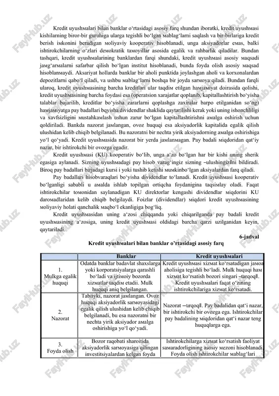 ining buxgalteriya hisobini ham yuritadi. lizing kompaniyalari uzoq muddatli kreditlar bozorida tijorat banklari bilan raqobat qila oladi . ular bahosi yuqori va uzoq muddat foydalaniladigan tovarlarni uzoq muddatli ijaraga beradi. lizing shartnomalarining o‘rtacha muddati 3-5 yilni tashkil qiladi. ammo lizing kompaniyalarining zaif jihati bor, ya‘ni lizing kompaniyalarida resurslar etishmaydi. ular faoliyatini asosan o‘z mablag‘lari hisobidan moliyalashtirishga majbur. shu sababli ular tijorat banklarining uzoq muddatli kreditlarini keng ko‘lamda jalb qiladilar. o‘zbekiston respupblikasida lizing operatsiyasi bilan tijorat banklari va lizing kompaniyalari shug‘ullanadi. asosiy muammo shundaki, to lizing obyekti lizing-oluvchi tomonidan qabo‘l qilib olinmagunga qadar tijorat banklari lizing kreditiga foiz hisoblay olmaydi. kliring uylari (palatalari) nobank kredit tashkiloti hisoblanadi va ular chek va hosilaviy qimmatli qog‘ozlar bo‘yicha o‘zaro hisob-kitoblarni amalga oshiradi. kliring palatasi har bir ishtirokchi bankka schotlar ochadi. bu schotlar mazmuniga ko‘ra aktiv-passiv schotlar hisoblanadi, ya‘ni bu schotlar debitli qoldiqqa ham ega bo‘lishi mumkin, kreditli qoldiqqa ham ega bo‘lishi mumkin. kliring palatasi …