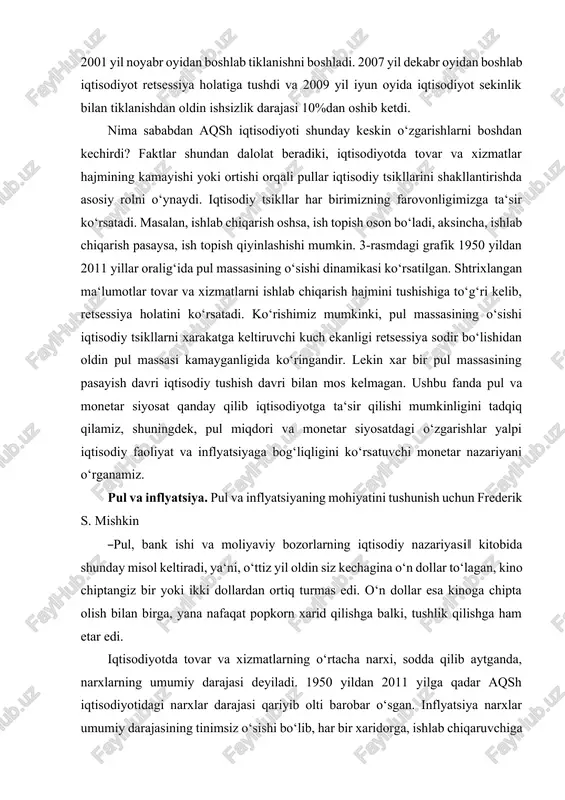 , ya‘ni, o‘ttiz yil oldin siz kechagina o‘n dollar to‘lagan, kino chiptangiz bir yoki ikki dollardan ortiq turmas edi. o‘n dollar esa kinoga chipta olish bilan birga, yana nafaqat popkorn xarid qilishga balki, tushlik qilishga ham etar edi. iqtisodiyotda tovar va xizmatlarning o‘rtacha narxi, sodda qilib aytganda, narxlarning umumiy darajasi deyiladi. 1950 yildan 2011 yilga qadar aqsh iqtisodiyotidagi narxlar darajasi qariyib olti barobar o‘sgan. inflyatsiya narxlar umumiy darajasining tinimsiz o‘sishi bo‘lib, har bir xaridorga, ishlab chiqaruvchiga va xukumatga ta‘sir ko‘rsatadi. iqtisodiy strategiyani ishlab chiquvchilar va iqtisodchilar inflyatsiyani jilovlashga xarakat qiladilar, shuning uchun ushbu maqsadga erishish yo‘lida narxlar darajasini tebranishini aniqlovchi omillarini bilish zarur. inflyatsiyani nima bilan tushuntirish mumkin? ushbu savolga mumkin bo‘lgan javoblardan birini 4-rasmdagi grafikda (bu yo‘q) aks ettirilgan pul massasi va narxlar darajasining sinxron o‘sishida ko‘rishimiz mumkin. inflyatsiya deb nomlanuvchi iqtisodiyotda narxlar darajasining doimiy o‘sishida o‘zini namoyon qiluvchi asosiy omil - pul massasining doimiy o‘sishini ko‘rsatadi. inflyatsiya bilan …