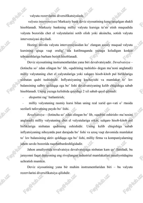 og’ liq xalqaro mehnat taqsimoti haqida milliy ishlab chiqarishlar kooperatsiyaning yanada chuqurlashuvini talab qilmoqda. buning oqibatida esa xalqaro savdo rivojlanib, davlatlar o’ rtasida kredit-moliya, valyuta munosabatlari yanada takomillashmoqda. shunisi diqqatga sazovorki, keyingi yillarda tovarlar eksportining sur’atlari sanoat ishlab chiqarish sur’atlariga nisbatan sezilarli ravishda o’ sgan. ustuvor yo’ nalishlar eksportga yo’ naltirilgan va asosiy tarmoqlarga, kichik va xususiy, tadbirkorlikni qo’ llab-quvvatlashga, xorijiy investitsiyalarni jalb qilishga qaratilgan tuzilmasi qayta o’ zgarishlar va iqtisodiyotning real sektorini rivojlantirish, respublikada o’ tkazilayotgan islohotlarning asosiy tarkibiy qismi bo’ lib qoldi. tanlangan ustuvor yo’ nalishlarning to’ g’ riligi shu bilan tasdiqlandiki, jahon bozorlarini qamrab olgan salbiy jarayonlardan saqlangan holda ichki moliya bozorini har qanday ta’sirlardan saqlab qolishga muvaffaq bo’ lindi. 1999-yilda o’ zbekiston respublikasi markaziy bankining pulkredit siyosati valyutaning barqarorligini saqlagan holda, uning mavjud o’ sish yo’ nalishini mustahkamlashga, joriy xalqaro operatsiyalar bo’ yicha uning konvertatsiyalashi uchun zarur sharoitlarni yaratishga va valyuta zaxiralaridan ishlab chiqarishning ustuvor yo’ …
