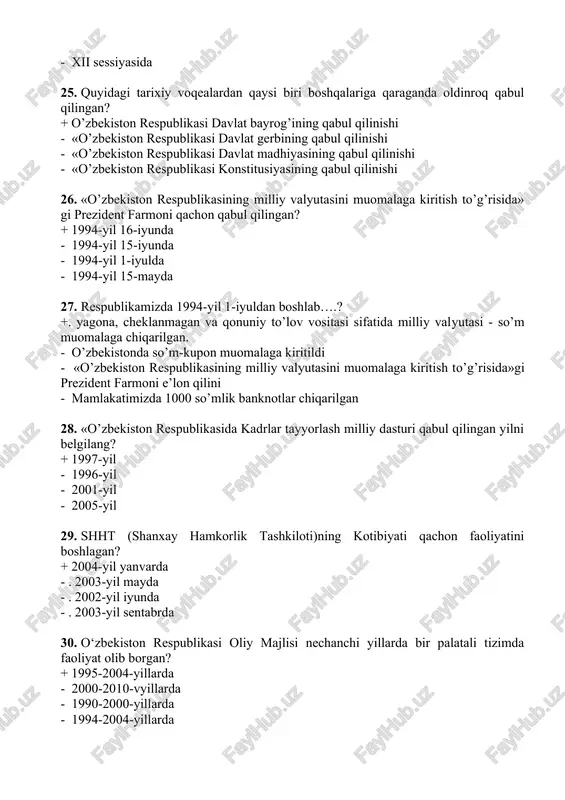 anxay forumining) nomi qanday ataladigan bo’ldi? + shanxay hamkorlik tashkiloti - tashkent forumi - shanxay beshligi - osiyo hamkorlik tashkiloti 32. quyidagi qaysi shahar 1996-yilda «amir temur» ordeni bilan mukofotlangan? + samarqand - termiz - buxoro - qarshi 33. o’zbekiston respublikasining “saylov kodeksi»..... qabul qilingan? + 2019-yil 25-iyunda - 2005 yil 15-iyunda - 1993-yil 18-noyabrda - 2020-yil 25-iyunda 34. 2009-yilda quyidagi qaysi shaharning 2200 yillik yubileyi nishonlangan? + tashkent - samarqand - marg'ilon - termiz 35. o‘zbekistonda bmtning vakolatxonasi ish boshlagan yilni aniqlang. + 1993-yil - 1998-yil - 2000-yil - 1995-yil 36. o'zbekiston respublikasi konstitutsiyasi va qonunlariga ko‘ra, necha yoshga to'lgan fuqarolar oliy majlis deputatligiga saylanish huquqiga ega bo‘ladilar? + 25 yoshga - 30 yoshga - 35 yoshga - 21 yoshga 37. o'zbekiston respublikasi konstitutsiyasi va qonunlariga ko‘ra, necha yoshga to'lgan fuqarolar viloyat, tuman va shahar kengashi deputatligiga saylanish huquqiga ega bo‘ladilar? + 21 yoshga - 30 yoshga - 35 …