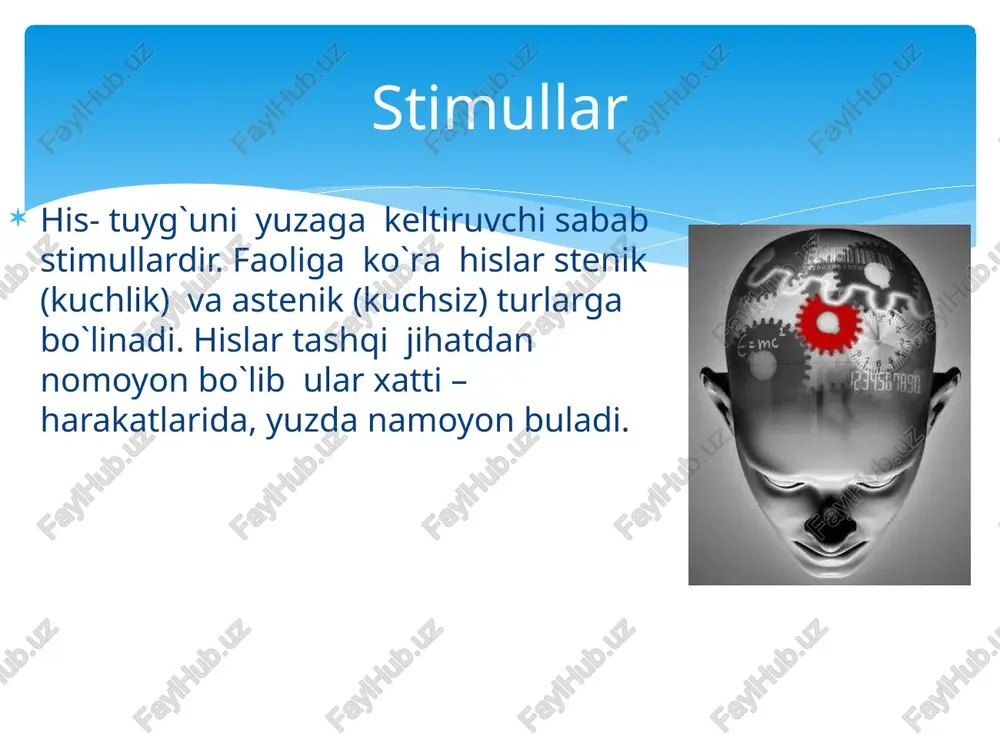 uzunlikdagi turli kinosyujetlardan ham foydalanish mumkin. tajribaning birinchi qismida tekshiriluvchilar fotosuratga qarab-ixtiyoriy his-tuyg`ularni baholaydilar. ikkinchisida esa kinosyujetdagi ixtiyorsiz kechinmalarni ta`riflaydilar. har ikki tajriba natijalarini taqqoslash orqali hissiyotlarning ifodalanishidagi umumiy va farq qiluvchi tomonlarni aniqlash mumkin. anglangan his-tuyg`ular haqidagi ma`lumotni olish uchun o`zining hissiy holatlari haqida hisobot berish metodidan foydalanish mumkin. bu metod hissiyotlarni paydo bo`lish sababi, sub`ekt tomonidan o`z ruhiy holatlarini idrok qilish xususiyati, hukmron hislar, psixik faoliyatda biror buzilishni his qilish yoki qilmasligi kabi holatlarni aniqlash imkonini beradi. bu metodning afzalligi tekshiriluvchi o`zi lozim deb topgan barcha ma`lumotlarni etkazadi, kamchiligi esa hissiyotlarni o`lchash imkoniyati mavjud emas. shunday paytda avvaldan belgilangan maxsus shkalalardan foydalanish maqsadiga muvofiq bo`ladi. emotsional holatlar shkalasi quyidagicha: kuchli salbiy holatlar - kuchli qoniqmaslik, nafrat, afsuslanish, dahshatga tushish. kuchsiz salbiy holatlar - kuchsiz norozilik, qayg`urish, xafa bo`lish, xavotirlanish, qo`rquv. neytral holatlar: xotirjamlik, ishonchlilik. kuchsiz ijobiy holatlar: kuchsiz zavqlanish, qoniqish hissi, kuchli hissiy holatlar-kuchli suratdagi qoniqish, quvonch, shodlanish. …