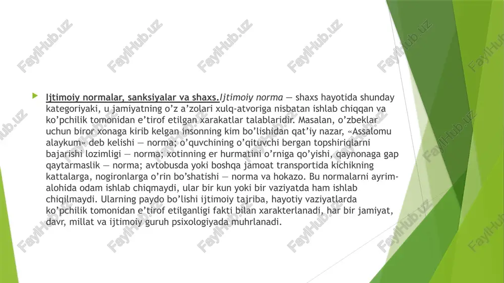 ilgan», «manmansiragan», «dimog’dor» kabi sifatlar bilan gapira boshlaydilar. demak, o’z-o’ziga baho realistik, adekvat, to’g’ri bo’lishi kerak. realistik baho realistik baho shaxsni o’rab turganlar — ota-ona, yaqin qarindoshlar, pedagog va murabbiylar, qo’ni-qo’shni va yaqinlarning o’rinli va asosli baholari, real samimiy munosabatlari mahsuli bo’lib, shaxs ushbu munosabatlarni ilk yoshligidanoq xolis qabul qilishga, o’z vaqtida kerak bo’lsa to’g’rilashga o’rgatilgan bo’ladi. bunda shaxs uchun etalon, ibratli hisoblangan insonlar guruhi — referent guruhning roli katta bo’ladi. shaxs autodialogining muhim belgilari. ichki dialog-ning shakllan-ganlik darajasi bosqichlari ichki dialogning darajaviy belgilari (autokommunikasiya) oliy 6-bosqich shaxsiy mazmundagi dialog (o’zidagi shaxsiy sifatlarni muhokama qilish, shaxsiy mulohaza) daraja 5-bosqich xodisa va narsalarga bog’liq bo’lgan sifatlar xususidagi ichki dialog o’rta 4-bosqich shaxsiy sifatlar muhokamasiga qaratilgan savollar — o’ziga talablar daraja 3-bosqich boshqalarning baholari ta’siridagi ichki mulohazalar, shaxsiy ahamiyat kasb etgan o’zgalar fikrlari asosida ichki dialog quyi 2-bosqich shaxsiy sifatlarga aloqador bo’lmagan o’zgalar fikrlari asosidagi dialog (xodisa va narsalarga aloqador fikrlar) daraja …