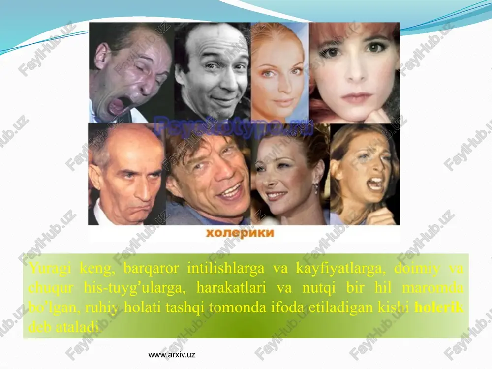 ar mavjuddir. ta'lim va tarbiyaning asosiy vazifalaridan biri shundan iboratki, indvidual uslubni tarkib toptirish yo’li bilan odamning temperamentini faoliyatning ob'ektiv talablariga yaxshilab moslashtirishdan iboratdir. tevarak-atrofimizdagi hayot faktlari va hodisalarga bir hil odamlar tez va yengillik bilan, bir hillari shoshmasdan va qiyinchilik bilan, boshqalari esa sust va befarq bo’ladilar, yana bir hillari keskin g’ayratli, ayrimlari esa bir hil maromda va mulohazali bo’ladilar. temperament va xarakter odamning ijtimoiy munosabatlarida yaqqol namoyon bo’ladigan individni xususiyatlardir. temperament lotincha "aralashma' yoki qismlarning nisbati degan ma'noni temperament shaxsning hissiy qo’zg’aluvchanligi va umumiy harakatchanligi bilan sifatlanadigan individual xususiyatlar yig’indisi. temperament inson faoliyatida uning asab tizimi tipining namoyon bo’lishi. temperament his-tuyg’ularning paydo bo’lish tezligi va kuchida hamla kishining umumiy harakatchanligida namoyon bo’ladigan individual-psixologik xususiyatlarining majmuidir. temperamentga taalluqli individual dinamik xususiyatlarning asosiya belgilari: 1) temperamentning ayni bir hil xususiyatlari, huddi bir odamning o’zida faoliyatning har hil turlarida va har turli maqsadlarda namoyon bo’ladi; 2) temperamentning xususiyatlari odam hayotining butun …