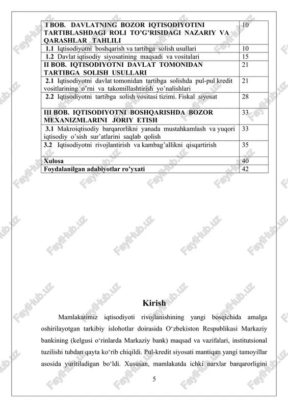 i biluvchi mutaxassislarni tayyorlash muxim axamiyatga ega. “har birimiz, eng avvalo, davlat boshqaruvi organlari rahbarlarining vazifasi – o‘zimiz mas'ul bo‘lgan soha va tarmoqda ishlarning ahvolini tanqidiy baholash asosida zimmamizga yuklatilgan vazifalarni mas'uliyat bilan bajarishni ta'minlashdan iborat. shunday davr keldi. ana shu talabni, shuningdek, 2017-2021 yillarda o‘zbekistonni yanada rivojlantirish bo‘yicha harakat strategiyasi loyihasini keng muhokama qilish davomida kelib tushgan takliflarni inobatga olgan holda, 2017 yil uchun mo‘ljallangan iqtisodiy va ijtimoiy dasturning o‘n bitta eng muhim ustuvor vazifasini belgilashni taklif etaman” – dedi o‘zbekiston respublikasi prezidenti shavkat miromonovich mirziyoev[footnoteref:2]. hayotning o‘zi va xalqning talablari bizning oldimizga amaliy yechimini topish lozim bo‘lgan yangi va yanada murakkab vazifalarni qo‘ymoqda. [2: shavkat mirziyoevning «tanqidiy tahlil, qat'iy tartib-intizom va shaxsiy javobgarlik – har bir rahbar faoliyatining kundalik qoidasi bo'lishi kerak» nomli kitobi (2017)] valyuta siyosati va pul muomalasini tartibga solish borasida amalga oshirilgan chora-tadbirlar, yangi voqyelikda makroiqtisodiy sohada shakllanayotgan shart-sharoitlar pul-kredit siyosatida ham muhim o‘zgarishlarning amalga …