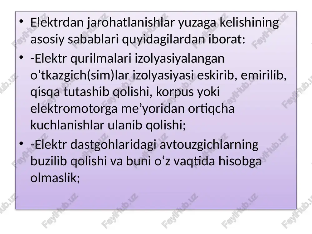 uz beradi? agar elektr jihozlarini ishlatish jarayonida elektr havfi yuzaga kelsa qanday chora ko‘riladi? elektr tokidan jarohatlanishog‘irligi insonni shaxsiyxususiyatlargabog‘liqligi to‘g‘risida nimalarni bilasiz?. avtomat o‘chirgichning qisqa tutushuv yuz berganda ishga tushishini tushuntirib bering elektr tokidan zararlanishlarning yuzaga kelishiga sababchi qanday omillarni bilasiz? image1.jpeg image2.jpeg image3.jpeg image4.jpeg image5.jpeg /docprops/thumbnail.jpeg
