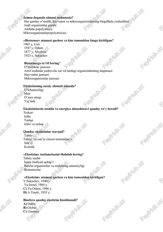 rlikni qanday atagan? qoida qonun shakl prinsiplar populyatsiyaning tuzilmasiga qanday ko’rsatgichlar kiradi? son va zichlik son zichlik harorat populyatsiya tuzilishini qanday ko’rsatgichlar harakterlaydi? axloqiy harakterli hususiyatlari yoshi morfologiya va yoshi son, zichlik, yoshiga qarab guruhlarning o’zaro munosabati, ularning morfologiyasi, axloqiy hususiyatlari va b populyatsiyaga ta’rif bering? alohida maydondagi organizmlar guruhi o’zgaruvchan sharoitli muhitda yashovchi, alohida biologic tur organizmlarining elementar guruhi belgilangan sharoitda yashovchi organizmlar guruhi turli sharoitda yashovchi organizmlar guruhi populyatsiya qanday turlarga bo’linadi? lokal va mahalliy regional va mahalliy lokal (mahalliy), ekologik va geografik mahalliy va local «ekologik makon» atamasi qachon va kim tomonidan taklif qilingan? 1911 y, gekkel 1912 y, kashkarov 1910 y, vernadskiy 1917 y, grinnel «ekologik makon» deb nimaga aytiladi? antropogen omilning ta'sir etgan hududi o’simlik, hayvonlar va boshqa organizmlarning biogeotsenozdagi holati va ahamiyati biosferani ifloslanishi hududi atrof muhitga zararli ta'sir etgan hududi moslashishning asosiy turlarini aniqlang? kimyoviy, fizikaviy keng va tor doiradagi haroratli, morfologik, fiziologik, …