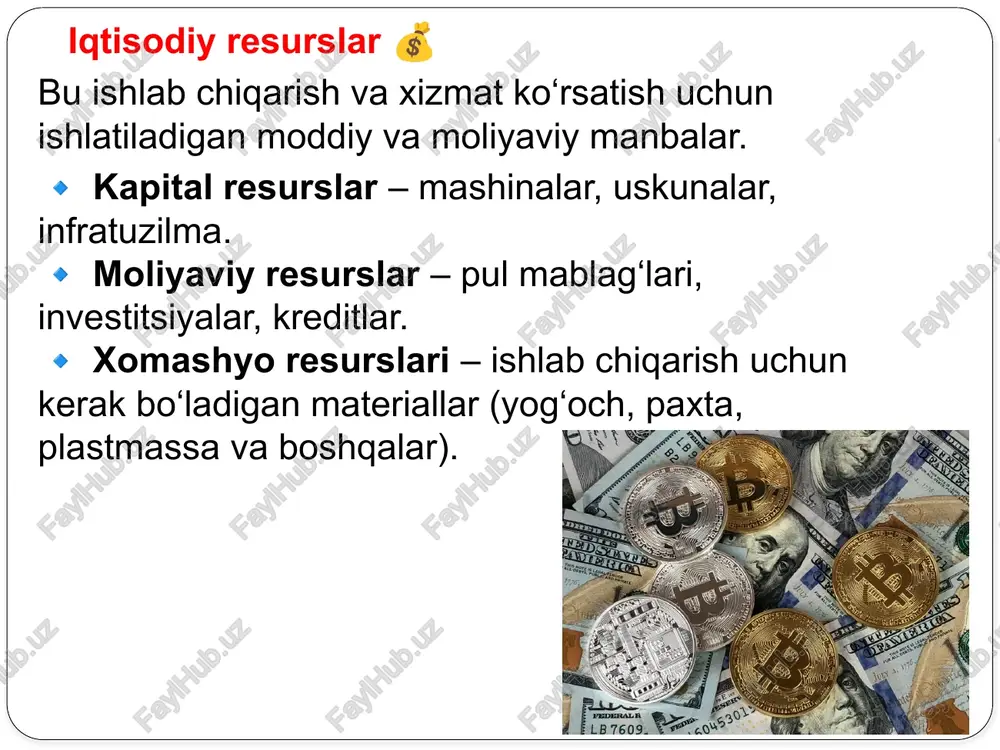 esurslar o‘z-o‘zidan ham sun’iy yo‘l bilan ham tiklanmaydi: foydali qazilmalar 3 asosiy guruhga bo‘linadi: - yonuvchi qazilmalar. - metallar (temir, alyuminiy, mis va h.k.). - noorganik mineral xomashyo (oltingugurt, fosfor birikmalari, tuzlar va h.k.). qayta tiklanmaydigan resurslar - yonuvchi qazilmalar ko'mir neft gaz torf qayta tiklanmaydigan resurslar foydali qazilmalar yoqilg‘isini yoqish orqali energiyaning 80% ishlab chiqariladi. ma'lum miqdordagi foydali qazilmalar yer ostida abadiy qoladi, chunki ularni qazib olish va qayta ishlash iqtisodiy jihatdan foydasiz (80% ishlab chiqarishda). foydali qazilmalarni ishlatish xx asr boshidan buyon ishlab chiqarish oshdi po‘lat > 70 martadan ko‘proq neft > 120 marta alyuminiy > 1700 marta qayta tiklanmaydigan resurslar o‘tgan asr davomida yer ostidan insoniyatning butun avvalgi tarixiga qaraganda ko‘proq foydali qazilmalar qazib olindi. foydali qazilmalarni foydalanish iste'molning ortish sababları: boy davlatlarda aholi jon boshiga daromadning oshishi va iste'mol darajasining ko‘tarilishi; aholi sonining o‘sishi va kam rivojlangan davlatlardagi iste'molning ortishi. foydali qazilmalar qazib olishning o'sishi ekologik …