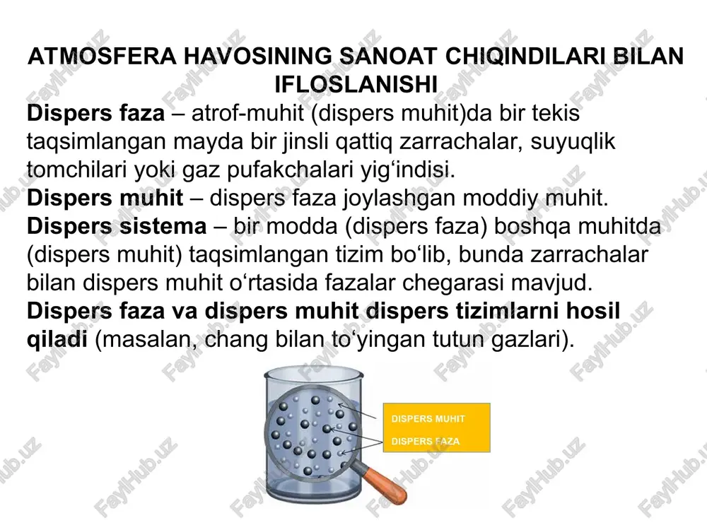 di gaz tarkibidagi uchuvchan organik erituvchilarning bug‘lari sovitish orqali qayta suyuqlik holiga keltiriladi. ushbu usulni amalga oshirish uchun maxsus sovitish qurilmalari qo’llaniladi. jarayonni chiqindi gaz tarkibidagi organik erituvchi bug‘larining kontsentratsiyasi 100 g/m3 dan yuqori bo’lgandagina qo’llash maqsadga muvofiq. shuning uchun ushbu usulni ishlatish chegaralangan. usulning kamchiligi–kondensatsiya jarayonida sovitish agregati va elektr energiyasining sarfi yuqoridir. atmosfera havosini termik usulida tozalash: termik usulda chiqindi gaz tarkibidagi zararli, yomon va yoqimsiz hidli moddalarni zararsizlantirish jarayonida ularni yondirish orqali amalga oshiriladi. jarayon maxsus pechlarda va fakel gorelkalarida amalga oshiriladi. jarayonning afzalligi – usulda qo’llaniladigan apparatlarning sodda konstruksiyaga egaligi, kamchiligi – jarayonni amalga oshirish uchun qo’shimcha yoqilg‘ining (odatda tabiiy gaz) sarfi va yondirish jarayonida hosil bo’lgan gazlarni absorbsion yoki adsorbtsion usullar yordamida ushlab qolish lozimligidir. alohida ta‘kidlab o’tish lozimki, chiqindi gaz tashlamalarining murakkab kimyoviy tarkibga ega ekanligi ularni bir xil usul yordamida zararsizlantirish imkoni yo’qligini ko’rsatadi. shuning uchun chiqindi gazlar ko’pincha bir necha usullar (bosqichlar) …