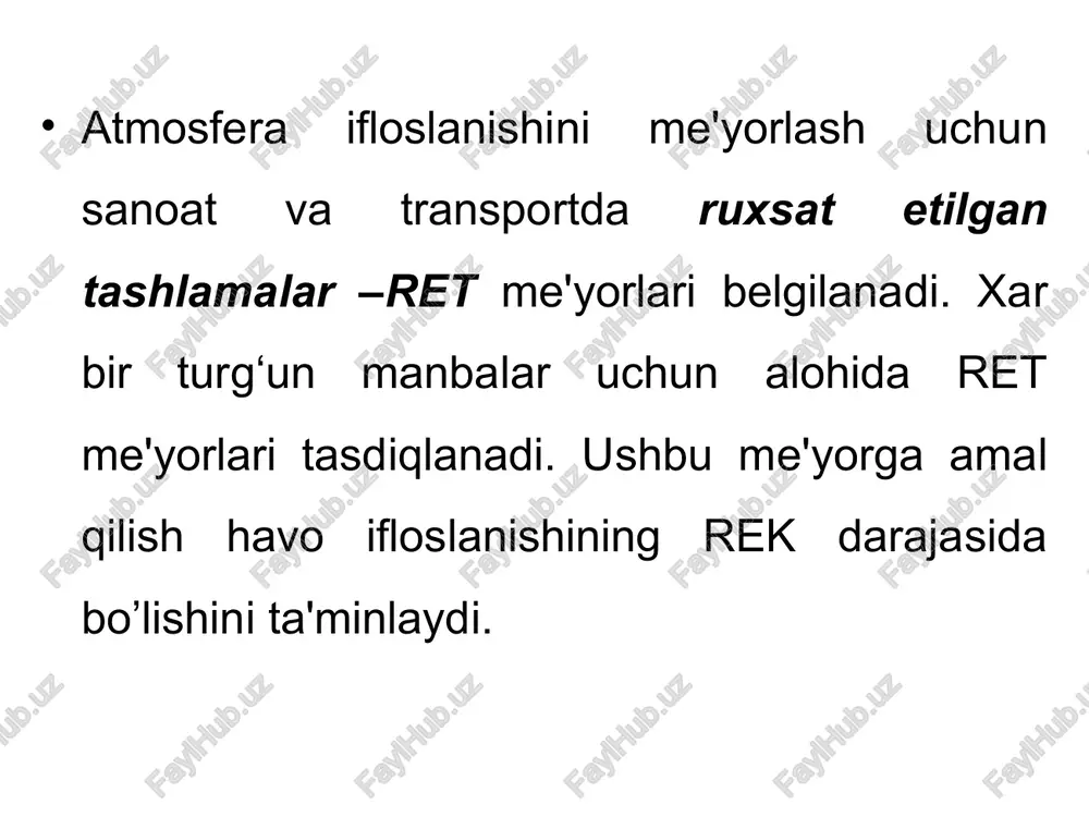 ko’pgina zaharli moddalar atmosfera havosidan qisman ajralib chiqadi (masalan chang, soi, no.) ammo bunda zaharli mahsulotlar ham hosil bo’lishi mumkin. atrof-muhit sifatini sanitar-gigienik va ekologik me‘yorlash. atrof-muhitning muhim tarkibiy qismlaridan biri atmosfera havosidir. biosferaning turg‘unligi uning sofligiga bog‘liq. atrof-muhitning ifloslanishi o’simlik, hayvonlar, inson, inshootlar, uskunalar va turli tuman moddiy jismlarga salbiy ta‘sir ko’rsatadi. bizni o’rab turgan havo (atmosfera) hayotimizning asosiy omilidir. ammo inson o’z hayoti uchun zararli moddalardan foydalana boshlagan vaqtdan boshlab u nafas oladigan havoning tozaligiga jiddiy xavf tug‘dirib keladi. aniqlanishicha, bizning his qilish a‘zolarimiz havo sifatini aniq belgilash qobiliyatiga ega emas ekan. hid bilish a‘zosi atmosferada organizm uchun zararli modda borligi haqida signal bera olmaydi (mas. co/co2, no/ n02). shu bilan birga, hcn kabi zaharli moddaning mavjudligini seza olsak-da, bunga organizm birorta himoya reaktsiyasi bilan javob bera olmaydi. ammiak avval qo’zg‘atuvchi ta‘sir ko’rsatadi, bir ozdan keyin uning zararli ta‘siri namoyon bo’ladi. s02 va no2 hcn (vodorod sianid) – …