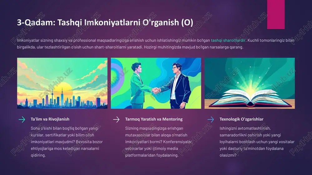 g'ilganda strategiyalarni moslashtiring. keyingi qadamlar: o'sishni davom ettirish shaxsiy swot tahlili bir martalik mashq emas, balki uzluksiz o'z-o'zini baholash sikli bo'lishi kerak. o'zingizni rivojlantirishga qaratilgan safaringizni mustahkamlash uchun quyidagilarni unutmang: • muntazam ko'rib chiqish: swot tahlilingizni kamida har olti oyda bir marta yangilab turing, chunki sizning ichki (s/w) va tashqi (o/t) holatlaringiz o'zgaradi. • reaksiyadan uzoqlashish: tashqi tahdidlarga shunchaki munosabat bildirish o'rniga, strategik boshqaruv (st strategiyalari) orqali ularga tayyor bo'lishga harakat qiling. • o'z-o'zini anglash: har bir harakatni o'zingizning eng chuqur qadriyatlaringiz va hayotiy maqsadlaringizga moslashtirish orqali samimiylikni saqlang. shaxsiy o'sish - bu shaxsiy muvaffaqiyatning kalitidir. qat'iy bo'ling: bilim kuchi harakatda yotadi. o'rganishni to'xtatmang, chunki bu sizning eng kuchli tomoningiz. slayd 1 slayd 2 slayd 3 slayd 4 slayd 5 slayd 6 slayd 7 slayd 8 slayd 9 slayd 10