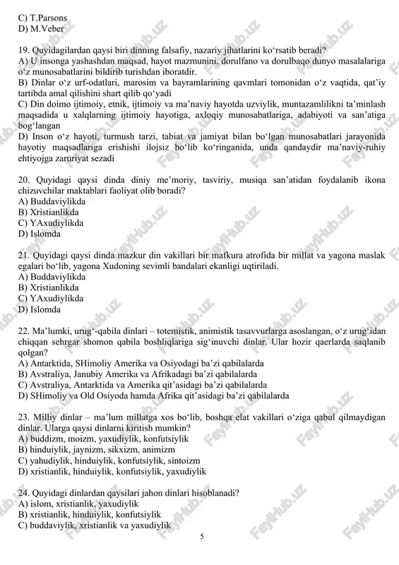 ldan belgilanishiga (taqdir) va shu kabi qarashlarga ishonish, ularni aqida sifatida qabul qilishdan iborat. b) din – tabiat, jamiyat inson va uning ongi, yashashdan maqsadi hamda taqdiri insoniyatning bevosita qurshab olgan atrof-muhitdan tashqarida bo‘lgan, uni yaratgan ayni zamonda insonlarga to‘g‘ri, haqiqiy, odil hayot yo‘lini ko‘rsatadigan ilohiy qudratga ishonch va ishonishni ifoda etadigan maslak, qarash ta’limotdir. u muayyan ta’limotlar, his-tuyg‘ular, toat-ibodatlar va diniy tashkilotlarning faoliyatlari orqali namoyon bo‘ladi. u olam, hayot yaratilishini tasavvur qilishning alohida tariqasi, uni idrok etish usuli, olamda insoniyatning ilk tarixidan to bizgacha o‘tgan davrlarni ilohiy tasavvurda aks etishidir. din komil insonni tarbiyalashda salmoqli tarbiyalovchi qudratga ega bo‘lgan ma’naviy-axloqiy kuchdir. c) din ishonmoq tuyg‘usidir. ishonmoq tuyg‘usi insoniyatning eng teran va go‘zal ruhiy-ma’naviy ehtiyojlaridandir. dunyoda dini, ishonchi bo‘lmagan xalq yo‘q. xalq dinsiz, e’tiqodsiz biror-bir narsaga ishonchsiz holda yashay olmaydi. sotsiologik nuqtai nazardan qaraganda din jamiyat uchun zaruriy narsa, ijtimoiy hayotning ajralmas qismidir. u ijtimoiy munosabatlarni yuzaga keltiruvchi va amalga …