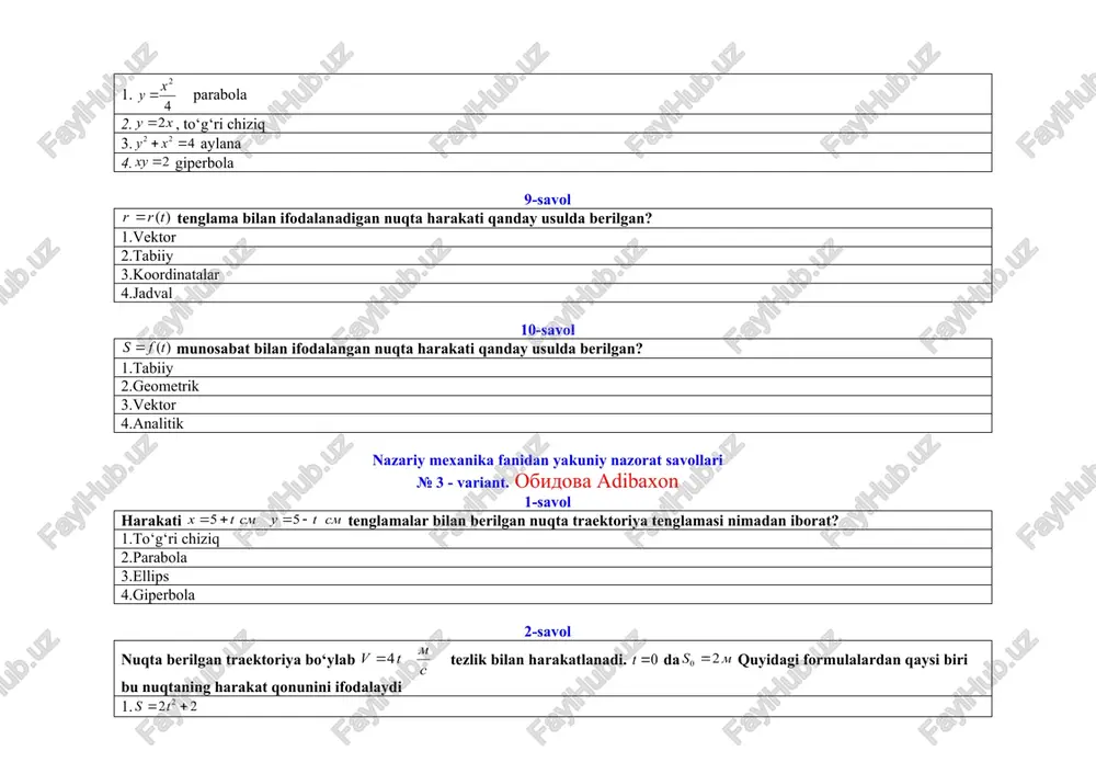 eng bo‘lsa 3.normal tezlanish nolga teng bo‘lsa 4.barcha nuqtalari har xil tezlik bilan harakatlanuvchi qattiq jism harakatiga nazariy mexanika fanidan yakuniy nazorat savollari № 4 - variant. rahimjonov ahadjon 1-savol ilgarilanma harakat qiluvchi qattiq jism nuqtasining tezligi nuqtadan masofada joylashgan nuqtaning tezligi topilsin 1. 2. 3. 4. 2-savol qo‘zgalmas o‘q atrofida (rad) qonun bilan aylanuvchi jismni paytdagi burchak tezligi nimaga teng? 1. 2. 3. 4. 3-savol burchak tezligi qonun bilan aylanuvchi jismning aylanish o‘qidan masofada joylashgan nuqtaning paytdagi urinma tezlanishi topilsin 1. 2. 3. 4. 4-savol burchak tezlik va burchak tezlanishni birligini ko‘sating 1. 2. 3. 4. 5-savol radiusi bo‘lgan g‘ildirak markazi tezlik bilan sirpanmasdan harakatlanmoqda. g‘ildirakni burchak tezligining miqdori nimaga teng 1. 2. 3. 4. 6-savol tekis sekinlanuvchan aylanma harakat tenglamasini ko‘rsating 1. 2. 3. 4. 7-savol markazidan o‘tuvchi o‘q atrofida qonun bilan aylanadigan g‘ildirakning burchak tezlanishini topilsin 1. 2. 3.1 4. 8-savol soatning minut strelkasi aylanish burchak tezligini …