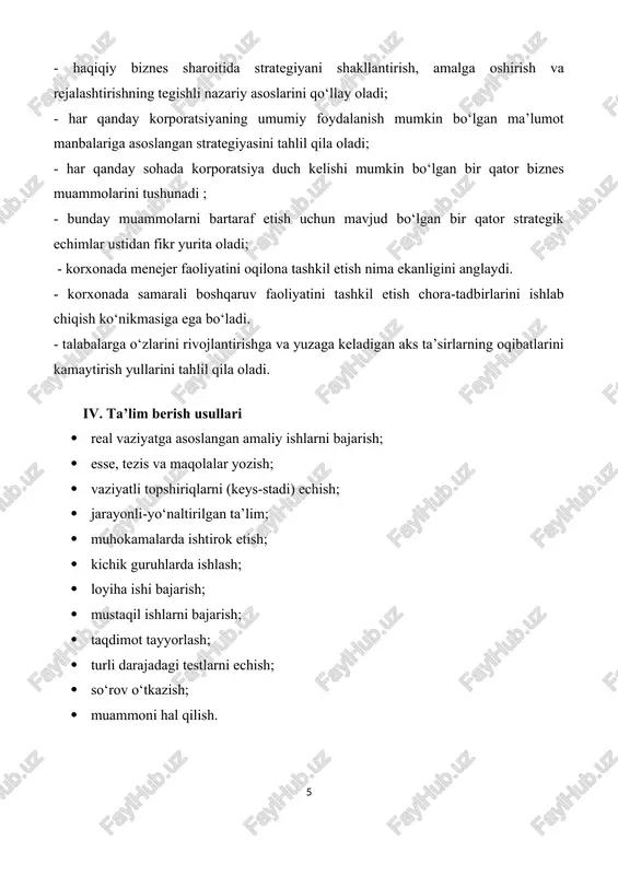 reja vazifalari · strategik maqsadlar · raqobatchilik usullari · strategik rejalashtirish mazmuni va usullari · raqobatchilikning umumiy strategiyalari · tarmoqda ustunlikka erishish shartlari · yangi tarmoqdagi raqobatchilik uchun strategiya · past xarajaatlar strategiyasi · oqilona xarajaatlar strategiyasi · strategiyani bajarish: byudjetlar va siyosatlar · strategiya bosh qadiryatlar · strategiyalarni mavjud vaziyatga moslashtirish · diversifikatsiyalashning korporativ strategiyalari · strategiya va raqobatchilik ustunligi · tarmoqda umumiy vaziyat va undagi raqobatning tahlili · kompaniya ahvolining tahlili · yangi biznesga kirish strategiyalari · strategiyani amalga oshirish usullari · strategiyani qo’llab-quvvatlash madaniyati · kompaniya strategiyasini boshqarish mustaqil o‘zlashtiriladigan mavzular bo‘yicha talabalar tomonidan loyiha ishi, esse, tezis yoki ilmiy maqola yozish, referatlar tayyorlash va uni taqdimot qilish tavsiya etiladi. ix. kreditlarni olish uchun talabalar fanga oid nazariy va uslubiy tushunchalarni to‘la o‘zlashtirish, tahlil natijalarini to‘g‘ri aks ettira olish, o‘rganilayotgan jarayonlar haqida mustaqil mushohada yuritish va nazorat uchun berilgan vazifa va topshiriqlarni bajarish, yakuniy nazorat bo‘yicha yozma …