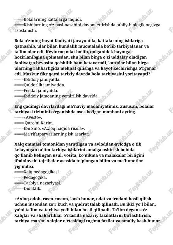 dan tashqari, oliy o‘quv yurtlaridan keyingi, malaka oshirish va qayta tayyorlash. ==== ta’lim turlarining barchasi uchun. ==== maktabgacha, malaka oshirish va qayta tayyorlash. ==== faqat malaka oshirish va qayta tayyorlash. har bir dars nimalar asosida tuziladi? ==== ta’limiy va tarbiyaviy funksiyalar va ta’lim prinsiplari asosida tuzilgan ta’limning tashkiliy formasi. ==== ta’lim prinsiplari asosida. ==== reja asosida. ==== ta’limiy funksiyalar asosida. qaysi qatorda pedagogik fanga taalluqli asosiy bo‘limlar berilgan? ====umumiy pedagogika, ta’lim nazariyasi, tarbiya nazariyasi, maktabshunoslik, pedagogika tarixi. ==== umumiy pedagogika, ilmiy tadqiqot metodi, ta’lim nazariyasi. ==== umumiy pedagogika, bolalar ijodini o‘rganish, meditsina pedagogikasi. ==== umumiy pedagogika, shaxs muammosi, maktabgacha tarbiya pedagogikasi. “kadrlar tayyorlash milliy dasturi”ning maqsadi nima? ====ta’lim sohasini tubdan isloh qilish, uni o‘tmishdan qolgan mafkuraviy qarashlar va sarqitlardan to‘la xalos etish, yuqori malakali kadrlar tayyorlash milliy tizimini yaratish. ==== o‘tmishdan qolgan mafkuraviy qarashlar va sarqitlardan to‘la xalos etish. ==== ta’lim sohasiga o‘zgartirish kiritish. ==== ta’lim muassasalarini yuqori malakali kadrlar …