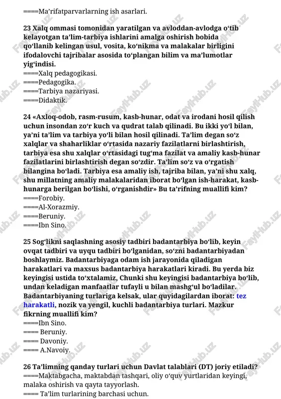 ri uchun davlat talablari (dt) joriy etiladi? ====maktabgacha, maktabdan tashqari, oliy o‘quv yurtlaridan keyingi, malaka oshirish va qayta tayyorlash. ==== ta’lim turlarining barchasi uchun. ==== maktabgacha, malaka oshirish va qayta tayyorlash. ==== faqat malaka oshirish va qayta tayyorlash. 27 har bir dars nimalar asosida tuziladi? ==== ta’limiy va tarbiyaviy funksiyalar va ta’lim prinsiplari asosida tuzilgan ta’limning tashkiliy formasi. ==== ta’lim prinsiplari asosida. ==== reja asosida. ==== ta’limiy funksiyalar asosida. 28 qaysi qatorda pedagogik fanga taalluqli asosiy bo‘limlar berilgan? ====umumiy pedagogika, ta’lim nazariyasi, tarbiya nazariyasi, maktabshunoslik, pedagogika tarixi. ==== umumiy pedagogika, ilmiy tadqiqot metodi, ta’lim nazariyasi. ==== umumiy pedagogika, bolalar ijodini o‘rganish, meditsina pedagogikasi. ==== umumiy pedagogika, shaxs muammosi, maktabgacha tarbiya pedagogikasi. 29 “kadrlar tayyorlash milliy dasturi”ning maqsadi nima? ====ta’lim sohasini tubdan isloh qilish, uni o‘tmishdan qolgan mafkuraviy qarashlar va sarqitlardan to‘la xalos etish, yuqori malakali kadrlar tayyorlash milliy tizimini yaratish. ==== o‘tmishdan qolgan mafkuraviy qarashlar va sarqitlardan to‘la xalos etish. …
