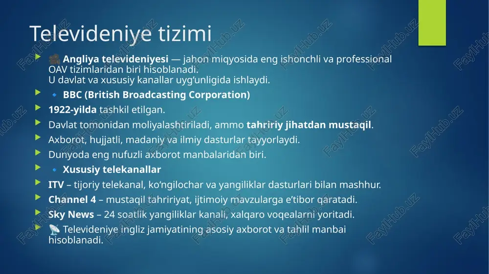 aydi. qaror qabul qiluvchi organlar uchun obyektiv ma’lumotlar manbai bo‘ladi. fuqarolarda tanqidiy fikrlash madaniyatini rivojlantiradi. zamonaviy tendensiyalar angliya jurnalistikasi hozirda raqamli transformatsiya va axborot innovatsiyalari davrini boshdan kechirmoqda. 🔹 asosiy tendensiyalar: onlayn platformalarga o‘tish — gazeta va jurnallar raqamli formatga o‘tmoqda. podkastlar va videobloglar – yangiliklarni eshitish va ko‘rishning yangi shakli. sun’iy intellekt yordamida kontent yaratish va tahlil qilish. obuna (subscription) tizimlari – o‘quvchilarning sodiqligini oshirish. mobil jurnalistika (mojo) – smartfon orqali yangilik tayyorlash. 🔹 ijtimoiy tarmoqlarning roli: xabarlar twitter (x), instagram va tiktok orqali tarqatiladi. jurnalist va o‘quvchi o‘rtasida bevosita aloqa shakllanmoqda. trendlarga mos axborot tezkorlik bilan yetkaziladi. 🔹 xulosa: angliya oav bugun innovatsion, interaktiv va global tarmoqqa ulangan tizim sifatida rivojlanmoqda. bu esa uni jahon jurnalistikasi uchun ilg‘or namunaga aylantirmoqda. muammolar va chaqiriqlar angliya jurnalistikasi yuksak rivojlangan bo‘lsa-da, zamonaviy davrda u ham bir qator muammolar va yangi chaqiriqlar bilan to‘qnash kelmoqda. 🔹 asosiy muammolar: soxta axborot (fake news) …