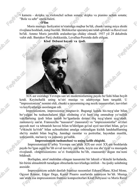 -ketlikning uchinchi va beshinchi qismlarini o'ynaydigan ikkita pikkologa ega. pp (juda yumshoq) va ikkinchi va to'rtinchi qismlarni o'ynaydigan celesta p (yumshoq.) olingan effekt juda ekzotik va ravelning o'ziga xos orkestr ranglarini yaratish qobiliyatini namoyish etadi, bu uning musiqasining o'ziga xos belgisi. moris ravel ijodining jahon musiqa madaniyatidagi ahamiyati moris ravel (1875-1937) debyssining yoshroq zamondoshi bo'lib, uzoq vaqt davomida shunchaki unga taqlid qilgan. musiqiy impressionizm asoschisining "soyasi" ravelning haqiqiy qiyofasini ko'rishni qiyinlashtirdi va shu bilan birga, uning ijodiy uslubi ko'p jihatdan ravel yigirma yil davomida saqlanib qolgan debussi uslubidan farq qiladi. uning ijodiy tarjimai holi impressionizmning gullab-yashnagan davrida boshlangan va birinchi jahon urushidan keyin, impressionizm o'zini tugatib, yangi badiiy yo'nalishlarga yo'l ochganida davom etdi. urush ravelning ijodiy yo'lini ikki davrga ajratgan chegara bo'ldi: • i - 1895 yildan ("eski menuet" nashr etilganda, birinchi nashr etilgan kompozitsiya) 1914 yilgacha; • ii - 1917-1932 ("don kixotning 3 qo'shig'i", bastakorning so'nggi asari). ravel 14 …