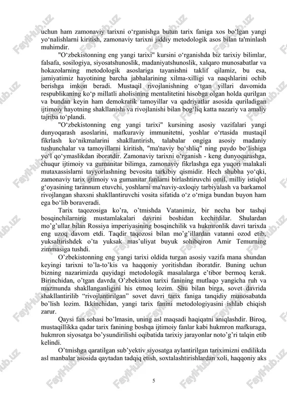 i rivojlantirishni aks ettiradi, unda davlat va jamiyat rivojlanishining yangi bosqichida modernizasiyani yanada davom ettirishning strategik dasturi belgilab berilgan. ushbu bosqich davlat hokimiyati va boshqaruvini yanada demokratlashtirish, sud-huquq tizimini, axborot sohasini isloh qilish, so‘z erkinligini ta'minlash, saylov qonunchiligini rivojlantirish, demokratik bozor islohotlarini chuqurlashtirish va iqtisodiyotni liberallashtirish bo‘yicha islohotlar uchun huquqiy asoslarni yaratishni davom ettirish bilan tavsiflanadi. ta'kidlash joizki, zamonaviy davrga oid har xil qarashlarni hisobga olgan holda, o‘zbekistonning eng yangi tarixini davrlashtirish bilan bog‘lik mazkur bosqichlarni, avvalo, tarixchi foydalanishi kerak bo‘lgan vosita sifatida ko‘rib tushunish kerak va bu boshqa mutaxassislarning fikrlari bilan mos kelmasligi ham mumkin. zamonaviy tarixni o‘rganishning dolzarbligi uning zamonaviy hayotga ta'sir ko‘rsatadigan voqealarni tushunishga yordam berishi bilan belgilanadi. davlatimiz rahbari bugungi tinch va osoyishta hayotni saqlashga, mustaqillikni mustahkamlashga bir necha bor da'vat qilar ekan, o‘sib kelayotgan avlod tomonidan istiqlolga erishish tarixini chuqur o‘rganish muhimligini, qanday qiyin yo‘ldan o‘tganimizni va yana nima qilishimiz kerakligini alohida ta'kidlaydi. o‘zbekistonning eng …