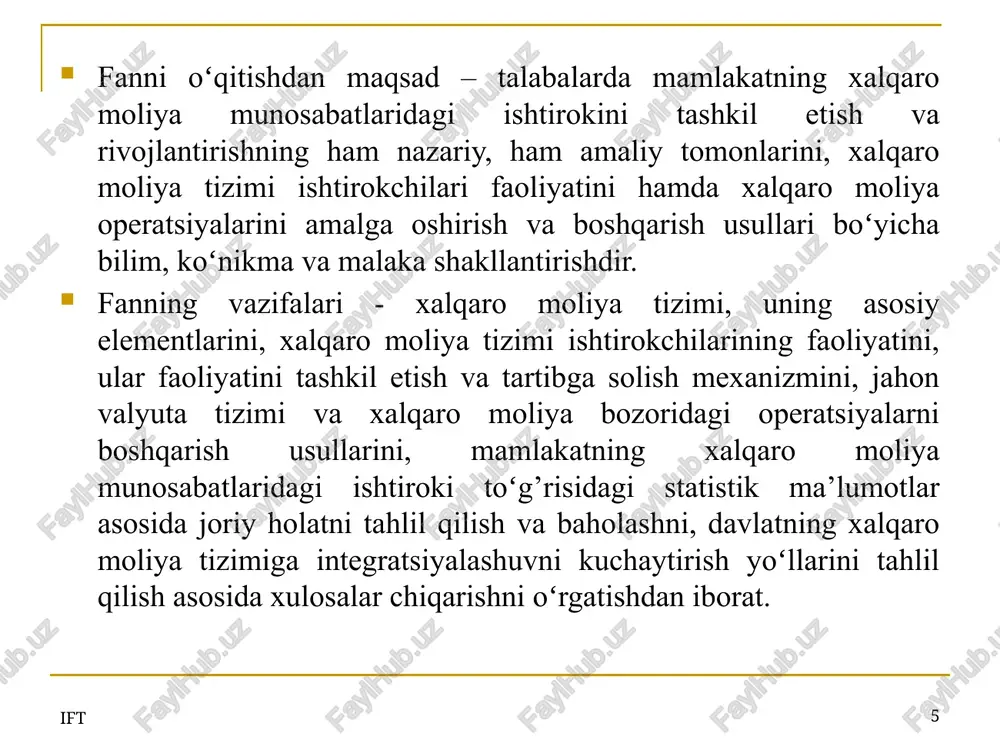 arda xalqaro moliya tizimida sezilarli oʻzgarishlar sodir boʻldi va mazkur o’zgarishlar ta’sirida zamonaviy jahon valyuta-moliya tizimi shakllana boshladi. jahon moliya tizimidagi oʻzgarishlar va xalqaro moliya munosabatlarining rivojlanishi koʻp jihatdan trasmilliy korporatsiyalar faoliyati bilan bog’liq bo’lib, ular tomonidan butun dunyo boʻylab ishlab chiqarish tarmoqlarini vujudga keltirish hamda barcha resurslardan samarali foydalanishga qaratilgan global strategiya amalga oshirildi. 16 ift ift 17 jahon iqtisodiyotida roʻy bergan boshqa muhim oʻzgarishlar ham xalqaro moliya munosabatlari rivojlanishiga ijobiy va salbiy jihatdan sezilarli darajada ta’sir koʻrsatdi. ushbu oʻzgarishlar jumlasiga: jahon va hududiy valyuta tizimlaridagi oʻzgarishlar; valyuta tizimi tamoyillarining oʻzgarishi; qarzdorlik inqirozlari; mamlakatlar tomonidan iqtisodiy integratsion birlashmalarning tuzilishi; xalqaro va mintaqaviy moliya tashkilotlarining vujudga kelishi; transmilliy korporatsiya va banklar faoliyatining kengayishi; jahonda roʻy bergan moliyaviy-iqtisodiy inqirozlarni kiritish mumkin. ift 18 xalqaro moliyaning tuzilmasi jahon valyuta tizimi xalqaro moliya xalqaro moliya bozorlari xalqaro moliyaviy menejment xalqaro soliqqa tortish xalqaro hisob-kitoblar jahon moliyaviy muhiti obrazets teksta vtoroy uroven tretiy uroven …