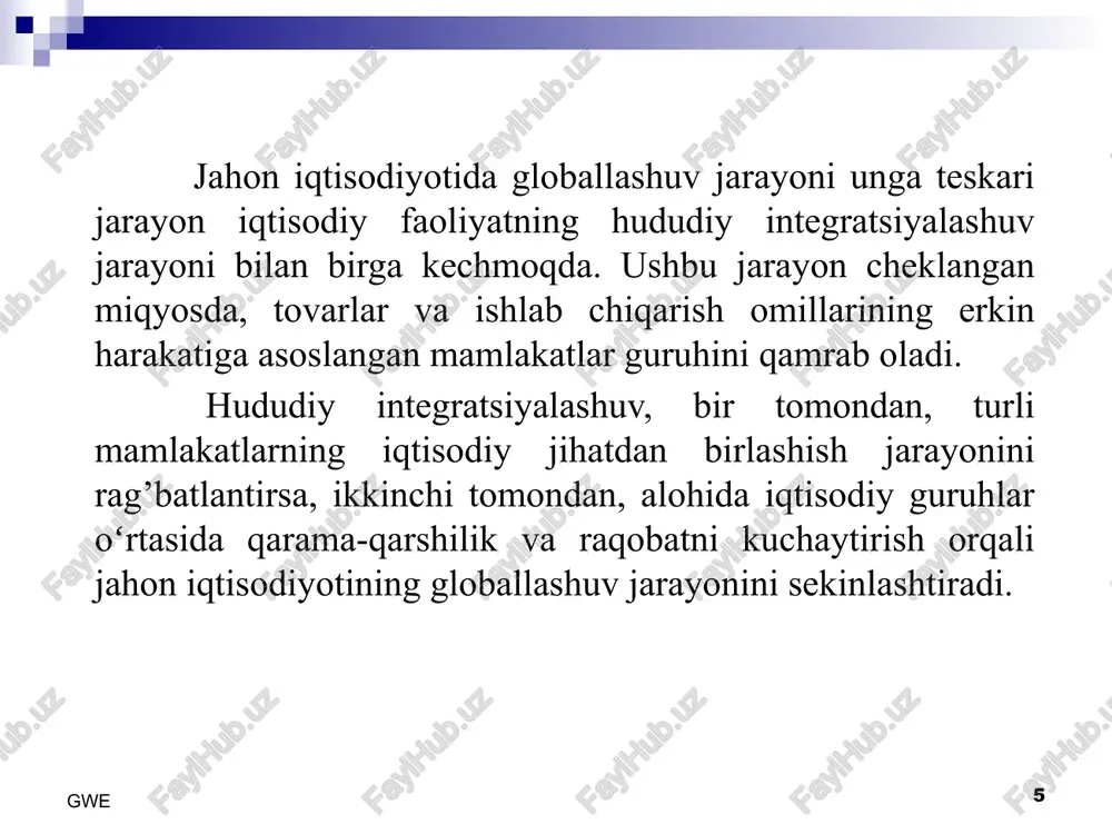 almashishning samarali tizimi vujudga keladi. gwe 17 2. tashkiliy omillar; ishlab chiqarish-xo’jalik faoliyatini amalga oshirishning xalqaro shakli sifatida transmilliy korporatsiyalarning yuzaga kelishi; nohukumat tashkilotlarining koʻp millatli yoki jahon darajasiga chiqishi; koʻp millatli kompaniyalar va boshqa tashkilotlarning global iqtisodiyotda asosiy rol o’ynovchi xususiy yoki davlat tashkiloti sifatida oʻzgarishi. gwe 18 3. iqtisodiy omillar: kapital bozori, mahsulotlar va xizmatlar savdosining erkinlashuvi hamda jahon savdosini erkinlashtiruvchi va protektsionizm siyosatini cheklovchi iqtisodiy erkinlashuvning boshqa shakllarini keng joriy etilishi; kapital toʻplanishi va markazlashuvining kuchayishi, hosila moliyaviy instrumentlar bilan bog’liq operatsiyalarning oshishi, valyutaviy bitimlarni amalga oshirish vaqtining keskin qisqarishi; xalqaro moliya tashkilotlari tomonidan makroiqtisodiy siyosatning yagona mezonlarini joriy etilishi va boshqa iqtisodiy siyosatga oid talablarning bir xillashtirilishi; standartlashtirish tendentsiyasining kuchaytirilishi. gwe 19 4. axborot omillari: moliyaviy, iqtisodiy ilmiy-texnik hamda ishlab chiqarishga oid ma’lumotlarni almashinish tizimining tubdan oʻzgarishi. bitta markaz orqali turli mamlakatlarda joylashgan ishlab chiqarishlarni boshqarishga imkon beruvchi tizimning shakllanishi; mahsulotlarni realizatsiya qilishning yangi shakllari vujudga …