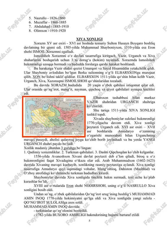 ang’itlar sulolasi 1920-yilgacha hukmronlik qildi. amirlik 40 ta viloyat va tumanliklarga bo‘lingan, yer maydoni 270 ming kv.km. poytaxti – buxoro shahri. aholisi 2 million atrofida, jumladan: - 57 % o‘zbeklar, - 32 % tojiklar, - 10 % turkmanlar, - qolgan qismi qoraqalpoqlar, qozoqlar va boshqalar tashkil qilgan. amirlik davlat boshqaruvi qo‘shbegi – bosh vazir. devonbegi – davlatning moliya-xazina ishlarini boshqargan. ko‘kaldosh – butun amirlikning holati bo‘yicha ma’lumot to‘plagan. mushrif – xonga in’om etilgan narsalar va harbiy anjomlarni hisoblab yozib borgan. mirshab – tungi soqchilar boshlig‘i. dodxoh – fuqarolarning arz-dodlarini tinglovchi va hal qiluvchi. inoq – amir farmonlarini beklardan boshqa tabaqaga yetkazuvchi. miroxo‘r – amir otxonasining boshlig‘i. kitobdor – amir kutubxonasi va boshqa viloyatlar kutubxonalari boshlig‘i. sadr – vaqf mulklarini boshqaruvchi. shayxulislom – musulmon jamoasi boshlig‘i. soliq siyosati tanobona – tokzor, mevali daraxtzorlardan olingan soliq. qo‘shpuli – har 48-50 tanob yerdan olinadigan soliq. mang’itlar sulolasi (1753-1920) 1. muhammad rahim - 1756-1758 …