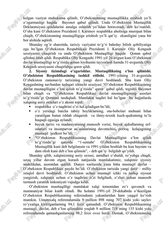 kengashi “o’zbekistonning davlat ramzlari to’g’risida” maxsus qaror qabul qildi. o’zbekistonning suvereniteti uchun kurash, avvalo, respublikada qabul qilingan har bir qonunning mazmuni va mohiyati jihatidan sobiq ittifoq qonunlaridan tubdan farq qilinishida, bundan tashqari, har bir qonun avvalgidek ittifoq qonuniga moslashtirib emas, balki respublika manfaatini ifoda etishi bilan ajralib tura boshladi. jumladan, 1991-yil 22-iyulida o’zbekiston oliy kengashi prezidiumining “o’zbekiston hududida joylashgan ittifoqqa buysunuvchi davlat korxonalari, muassasalari va tashkilotlarni o’zbekistonning huquqiy tobeligiga o’tkazish” to’g’risidagi qarori, o’zbekistonning milliy suvurenititeti uchun tashlangan qadamlar dalilidir. 80-yillarning ikkinchi yarmiga kelib sobiq sssr ning ijtimoiy-siyosiy holatida inqirozli holat tobora kuchaydi. bu holat ayniqsa, ko’pchilik respublikalarning ittifoq tarkibidan chiqish, o’z-o’zini belgilash, huquqini berish, markazning siyosiy-iqtisodiy, harbiy va tashqi siyosiy sohalardagi rolini qayta ko’rib chiqish kabi talablarning haqli ravishda qo’yilishida aksini topdi. lekin, markaziy rahbariyat xalqlar va ittifoqchi respublikalar siyosiy rahbariyatining chinakam mustaqillikka intilishi bilan hisoblashmadi. bu munosabatni markazning boltiqbo’yi respublikalarining ittifoq tarkibidan chiqib ketishi, o’zbekistonda, keyinchalik esa boshqa respublikalarda …