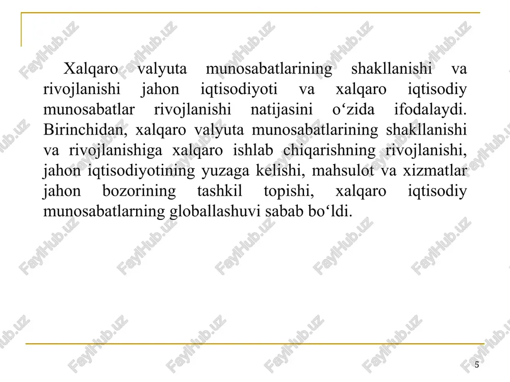 . xalqaro valyuta munosabatlarining asosiy va eng muhim funktsiyalari quyidagilar hisoblanadi: valyuta oqimlarini jamg’arma shaklida to’plash va ularni investitsiyalash; valyuta resurslariga narxlarni shakllantirish. 16 17 2. valyuta kursi va uning turlari valyuta kursi(exchange rate) bir mamlakat pul birligining ikkinchi bir mamlakat valyutasiga nisbatan bahosi hisoblanadi. valyuta yoki ayriboshlash kursi ma’lum bir mamlakatni tashqi dunyo bilan bog’lab turadi, shuningdek milliy iqtisodiyot holatini tashqi dunyo bilan taqqoslash, xalqaro iqtisodiy operatsiyalar samaradorligini baholash imkonini beradi. valyuta kursi mamlakatning joriy iqtisodiy, ijtimoiy va siyosiy holati va istiqboldagi rejalari toʻg’risidagi barcha ma’lumotlarni oʻzida mujassam etadi. iqtisodiyoti nisbatan ochiq mamlakatlar uchun valyuta kursi muhim ko’rsatkichlardan hisoblanadi. chunki uning iqtisodiyotga bevosita yoki bilvosita ta’sir etishi, valyuta kursidagi keskin oʻzgarishlar esa, milliy iqtisodiyotda inqirozli holatlarni yuzaga keltirishi mumkin. 18 valyutalarni oldi-sotdi qilish bo’yicha bitim tuzayotganda spot va forvard valyuta kurslaridan foydalaniladi. spot kurs (spot rate)–valyuta oldi-sotdi bitimini tuzish paytida belgilangan, valyuta bozoridagi talab va taklif asosida shakllangan, joriy …