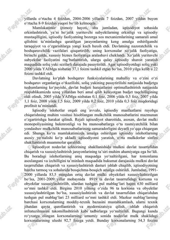 naga yoki 235,1 foizga, poliz mahsulotlari 451,1 ming tonnadan 1246,8 ming tonnaga yoki 276,4 foizga, meva 790,9 ming tonnadan 1696,4 ming tonnaga yoki 214,5 foizga, chorvachilik mahsulotlaridan go‘sht ishlab chiqarish 501,8 ming tonnadan 1461,4 tonnaga yoki foizga, sut 3632,5 ming tonnadan 6169,0 ming tonnaga yoki 169,8 foizga va tuxum 1254,4 million donadan 3058,8 million donaga yoki 243,8 foizga oshdi. mustaqillik yillarida o‘zbekistonda chuqur tarkibiy o‘zgarishlarning amalga oshirilganligi natijasida respublikaning yoqilg‘i-energetika resurslariga bo‘lgan ehtiyoji o‘zi hisobidan to‘la ta’minlandi. agar 1990 yilda mamlakatimizda 2810 ming tonna neft va gaz kondensati ishlab chiqarilgan bo‘lsa, 2010 yilda bu ko‘rsatkich 3700 ming tonnani tashkil etdi. tabiiy gaz ishlab chiqarish hajmi ham tez sur’atlarda o‘sib, 1990 yildagi 40761 million kub metrdan 2010 yilda 60111,5 million kub metr hajmiga yetdi. erishilgan bunday ijobiy natijalar muqarrar ravishda mazkur mahsulotlarni chetga eksport qilish hamda tushgan valyuta mablag‘lariga xalqimiz ehtiyoji uchun zarur bo‘lgan mahsulotlarni olib kelish imkonini berdi. istiqlol davrida …