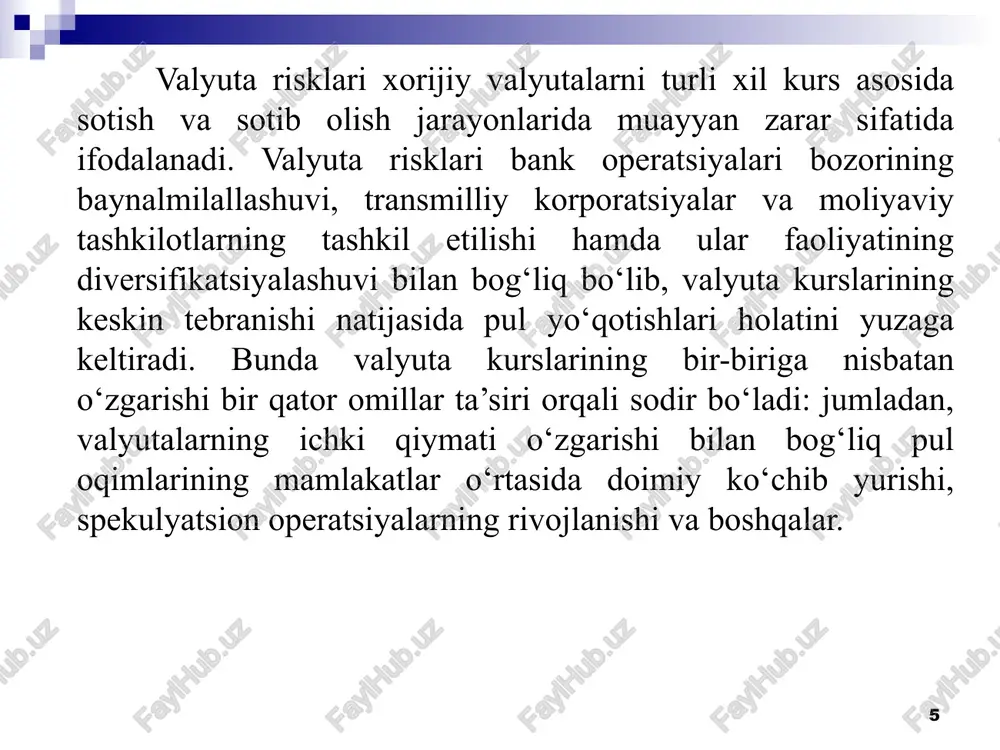 holda sotgan bo‘lsa, va baho valyutasi sifatida import qiluvchi valyutasi yoki uchinchi davlat valyutasi olingan bo‘lsa, valyuta riskiga duchor bo‘ladi. agarda, baho valyutasining kursi eksport qiluvchi milliy valyutasiga nisbatan pasaysa, unda eksport qiluvchi zarar ko‘rishi mumkin. shunday qilib, eksport qiluvchi uchun valyuta riski bo‘lib, shartnomaning tuzilishidan to ijro etilgunga qadar davr ichida, baho valyutasi kursining milliy valyutaga nisbatan pasayishi hisoblanadi. demak, valyuta riski barcha tashqi iqtisodiy aloqalar bilan bog‘liq shartnomalarga ta’sir etadi. import qiluvchi uchun valyuta risklari quyidagi holatlarda vujudga keladi: agarda, tovarlar, bahosi chet el valyutasida qat’iy belgilanib sotib olinayotgan bo‘lsa. bunda, agar chet el valyutasining kursi import qiluvchi valyutasiga nisbatan ko‘tarilsa, unda import qiluvchi tomonidan sotib olingan tovarlar uchun haq to‘lashda, milliy valyutada ko‘proq xarajat qilinishiga to‘g‘ri keladi. ma’lumki, hech bir xalqaro savdo shartnomasi bir kun ichida tuzilib, u bo‘yicha to‘lov ham bir kun ichida amalga oshmaydi. shunga ko‘ra, albatta, valyuta riski shartnoma muddatiga to‘g‘ri proportsional ravishda ortib …