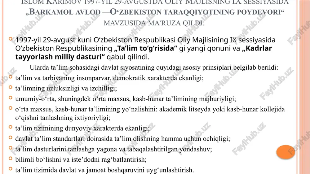 i rossiya iqtisodiyot akademiyasi filiali; 2014-yilda janubiy koreyaning inha universiteti filiali; 2018-yilda koreyaning yeoju universiteti filiali; 2019-yilda amity universiteti (hindiston) filiali; 2018-yilda aqshning webster universiteti filiali ochildi. 2006-yilda m.v. lomonosov nomidagi moskva davlat universitetining filiali; 2007-yilda i.m.gubkin nomidagi moskva neftgaz universitetining filiali tashkil etildi. 2008-yilda singapur menejmentni rivojlantirish instituti filiali; 2006-yilda moskva davlat universitetining filiali; bugungi kunda 125 otm lar o`z faoliyatini yuritmoqda aqsh, buyuk britaniya, koreya respublikasi, rossiya, hindiston, singapur, malayziya va boshqa davlatlar bilan hamkorlikda 22 ta xorijiy otm va filiallar faoliyat yuritmoqda singapur menejmentni rivojlantirish instituti, astraxan texnika universitetining toshkent viloyatidagi filiali va team universiteti, farg`onadagi koreya xalqaro universiteti kabi nodavlat ta`lim muassasalari faoliyat yuritmoqda. o‘zbekiston respublikasi prezidenti shavkat mirziyoyev 2017-yil 30-sentabrda “maktabgacha ta’lim tizimini boshqarishni takomillashtirish to‘g‘risida”gi farmonni imzoladi. unga ko‘ra, maktabgacha ta’lim vazirligi tashkil etildi. 2017-yil umumta’lim va o‘rta maxsus kasb-hunar ta’limi hamda oliy ta`lim tizimida tub islohotlar yili bo‘ldi. 2017-yilning o‘zida 10-sinf o‘quvchilari uchun …