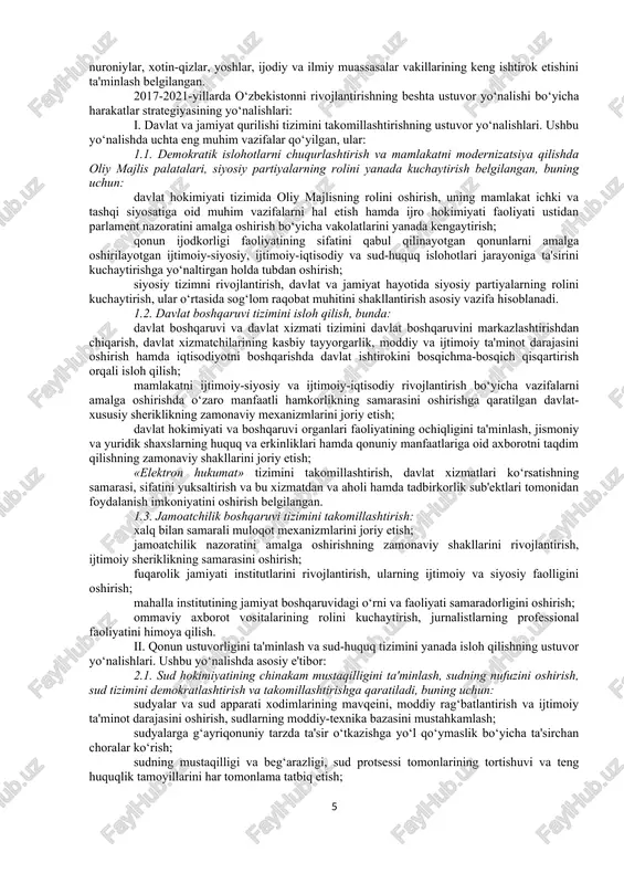 g oliy ta'lim bilan qamrab olinishini oshirish. 6. tabiiy va texnik fanlar yo‘nalishlari bo‘yicha talabalar ulushini ko‘paytirish. 7. chop etilgan ilmiy maqolalar soni, ulardan iqtibos keltirish indeksi, xalqaro konferensiyalar va seminarlarda ishtiroki, olingan patentlari soni bo‘yicha tanlab olingan sohadagi eng faol oliy ta'lim muassasalarini davlat tomonidan qo‘llab-quvvatlash asosida oliy ta'lim muassasalari faoliyatining tadqiqot yo‘nalishini kuchaytirish. 8. tarmoq va mintaqaviy iqtisodiyot ssenariylari bo‘yicha takliflar ishlab chiqish maqsadida innovatsion faoliyat rivojini prognozlashtirish tizimining alohida bo‘g‘ini sifatida yetakchi oliy ta'lim muassasalarida forsayt markazlarini tashkil etish. oliy ta'lim muassasasining ichki va tashqi muhitini ilmiy-texnologik prognozlashtirishni ta'minlash, ularning texnologik va innovatsion muhitini va ustuvor innovatsion yo‘nalishlarini rivojlantirish. v. raqobatni rivojlantirish va ma'muriy to‘siqlarni kamaytirish 1. xalqaro tajribani hisobga olgan holda korporativ huquqni rivojlantirish va korporativ boshqaruvning zamonaviy prinsiplarini joriy etish. 2. iqtisodiyotni taraqqiyotning innovatsion yo‘liga o‘tishini ta'minlaydigan raqobatbardosh bozorni shakllantirish va resurslardan samarali foydalanish. 3. monopoliyaga qarshi siyosatni, shu jumladan davlat-xususiy sherikligini joriy etish hisobiga …