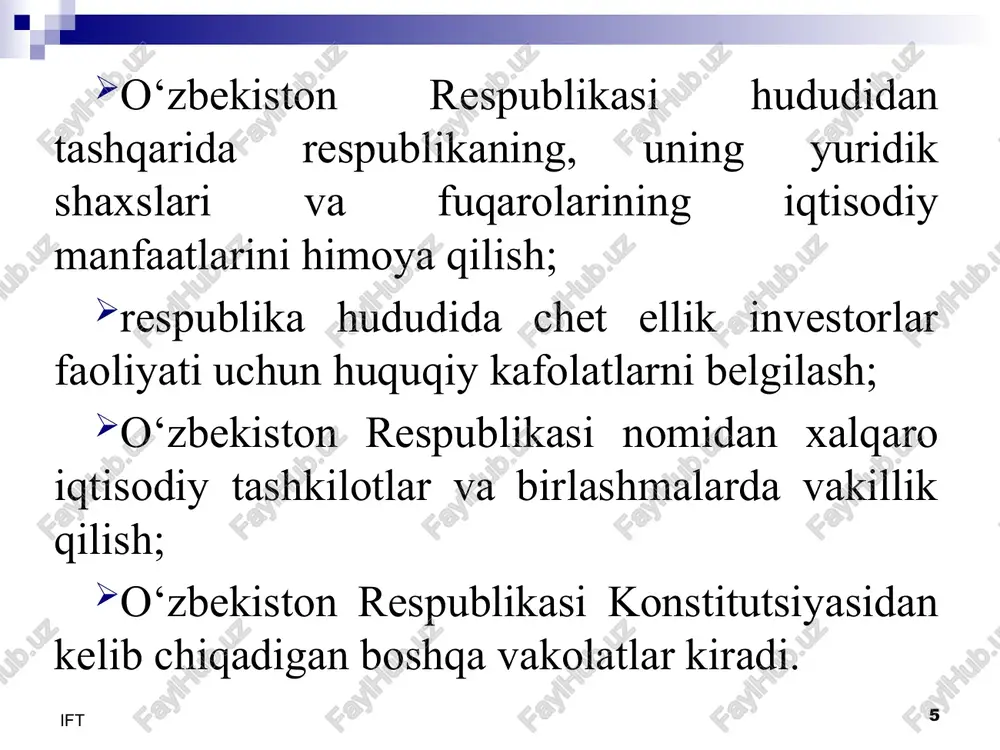 iqtisodiy faoliyatni yanada erkinlashtirish, xo‘jalik ishlarini yurituvchi sub’ektlarga xorijiy sheriklar bilan bevosita aloqalar o‘rnatishda, o‘z mahsulotini chet ellarda sotishda ko‘proq erkinliklar berish, tovarlani eksport va import qilishda birmuncha imtiyozli tartibni joriy qilish borasida aniq maqsadni ko‘zlab siyosat o‘tkazish; ift 12 xorijiy investitsiyalar jalb qilish orqali amalga oshirilayotgan sanoat loyihalarning bir-biriga bog‘liqligini ta’minlash, ular o‘rtasidagi o‘zaro iqtisodiy va ishlab chiqarish hamkorlik va infratuzilmani rivojlantirish va bu orqali import o‘rnini bosuvchi va eksportga mo‘ljallangan tayyor mahsulot ishlab chiqarish va yetishtirishga erishish; olib borilayotgan islohotlarda hududiy diversifikatsiya siyosatini yanada kuchaytirish, nafaqat markaziy xududlarda balki chekka tumanlarda ham yirik sanoat ob’ektlarini qurishni keng yo‘lga qo‘yish; tashqi iqtisodiy faoliyat tarkibiy qismlari majmuini ixtisoslashtirilgan tashqi savdo, lizing, konsalting va sug‘urta firmalari, tashqi aloqalarni rivojlantirish manfaatlari va shartlariga mos keladigan transport, aloqa va kommunikatsiyalar tizimlarini vujudga keltirish;. xalqaro xuquq va tashqi iqtisodiy faoliyat, bank tizimi, hisob-kitob va statistik hisob sohasida malakali kadrlar tayyorlashni tashkil qilish. ift 13 …