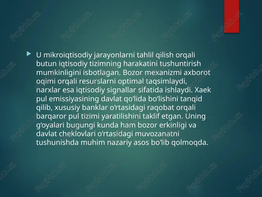 bu yalpi daromadning oshishiga olib keladi. aksincha, foiz stavkalari oshsa, lm egri chizig‘i chapga siljiydi, bu investitsiyalarning kamayishiga sabab bo‘ladi. keyinchalik bu model asosida neo-keynschilik nazariyasi shakllandi, unda keynschilar va monetaristlarning qarashlari uyg‘unlashtirilgan. is–lm modeli iqtisodiy siyosatni tahlil qilish, pul va tovar bozorlari o‘rtasidagi o‘zaro aloqalarni tushunish uchun asosiy vosita sifatida keng qo‘llaniladi. u iqtisodiy muvozanatni nazariy jihatdan ifodalovchi eng mashhur model hisoblanadi. ayirboshlash tenglamasi pulning miqdoriy nazariyasi doirasida irving fisher (1867–1947) tomonidan ishlab chiqilgan ayirboshlash tenglamasi m·v = p·q ko‘rinishida ifodalanadi. bu yerda m – muomaladagi pul miqdori, v – pulning aylanish tezligi, p – narxlar darajasi, q esa ishlab chiqarilgan tovar va xizmatlar hajmini bildiradi. ushbu tenglama pul massasi bilan narxlar o‘rtasidagi bevosita bog‘liqlikni ko‘rsatadi. agar muomaladagi pul miqdori ko‘paytirilsa, boshqa shartlar o‘zgarmagan holda, baholar ham mutanosib ravishda oshadi. fisherga ko‘ra, iqtisodiy barqarorlik uchun pul massasi ishlab chiqarish hajmiga mos bo‘lishi lozim. u pulning aylanish tezligi doimiy, ishlab …