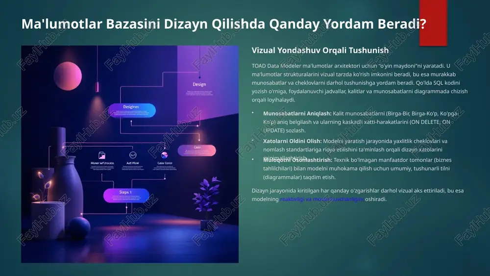 ajoyib vizualizatsiya va avtomatlashtirilgan hujjatlashtirish vositalarini taklif etadi. model diagrammalarining vizual tahlili katta ma'lumotlar bazalari uchun tdm diagrammalarni mavzular (subjects areas) bo'yicha guruhlarga ajratish imkonini beradi. bu murakkab sistemani kichik, boshqariladigan qismlarga bo'lish orqali umumiy tushunchani yaxshilaydi. har bir mavzu o'zining alohida diagrammasiga ega bo'lishi mumkin. avtomatlashtirilgan dizayn hujjatlari bir necha marta bosish orqali loyihaning to'liq hujjatlarini yaratish. hujjatlar faqat jadvallar va ustunlar haqidagi ma'lumotlarni emas, balki foydalanuvchi tomonidan kiritilgan izohlar, aloqalar, indekslar, saqlangan obyektlar va hatto ma'lumotlar lug'atini (data dictionary) ham o'z ichiga oladi. hujjat formatlari: html, pdf, rtf. bu hujjatlar jamoalararo aloqa va ma'lumotlar arxitekturasini audit qilishda muhim manba bo'lib xizmat qiladi. 8 real dunyo misollari va amaliy qo'llash toad data modeler turli sohalarda keng qo'llaniladi. uning amaliy ahamiyati quyidagi stsenariylarda yaqqol namoyon bo'ladi: 1 bank va moliya tranzaksiya tizimlari va risklarni boshqarish bazalari uchun murakkab normallashtirilgan ma'lumotlar modellarini loyihalash. ma'lumotlarning yaxlitligi va auditini ta'minlash uchun cheklovlarni modelda …