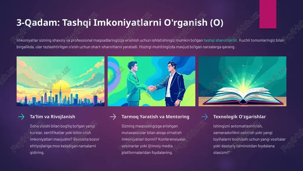 asini o'rnatish." wo uchun 1-harakat aniqlik: zaif tomonni kamaytirish uchun qanday yordam kerak? harakat: "kechiktirish zaifligini bartaraf etish uchun 'vaqtni boshqarish' onlayn kursini 6 hafta ichida yakunlash." o'lchovchi ko'rsatkichlar har bir harakat o'lchanadigan natijaga ega bo'lishi kerak. masalan, "kursni tugatish" emas, balki "kursni 80% ball bilan tugatish va uni 3 ta loyihada qo'llash." javobgarlik doimiy javobgarlikni ta'minlash uchun mentor yoki do'stingizni toping. progressni har oy ko'rib chiqing va zarurat tug'ilganda strategiyalarni moslashtiring. 9 keyingi qadamlar: o'sishni davom ettirish shaxsiy swot tahlili bir martalik mashq emas, balki uzluksiz o'z-o'zini baholash sikli bo'lishi kerak. o'zingizni rivojlantirishga qaratilgan safaringizni mustahkamlash uchun quyidagilarni unutmang: muntazam ko'rib chiqish: swot tahlilingizni kamida har olti oyda bir marta yangilab turing, chunki sizning ichki (s/w) va tashqi (o/t) holatlaringiz o'zgaradi. reaksiyadan uzoqlashish: tashqi tahdidlarga shunchaki munosabat bildirish o'rniga, strategik boshqaruv (st strategiyalari) orqali ularga tayyor bo'lishga harakat qiling. o'z-o'zini anglash: har bir harakatni o'zingizning eng chuqur qadriyatlaringiz va …