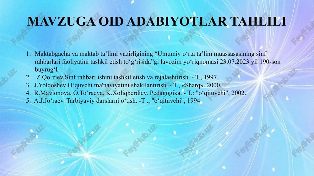 uvchilarning akademik va shaxsiy rivojlanishini qo‘llab-quvvatlash uchun mas’uldir. ular, o‘quvchilarning maktab hayotida muvaffaqiyatli ishtirok etishlarini ta’minlash maqsadida, o‘quvchilar va ularning ota-onalari bilan yaqindan ishlaydilar. finlyandiya ta’lim tizimida sinf rahbarlari, o‘quvchilarning shaxsiy rivojlanishiga katta e’tibor beradilar va ularning har tomonlama qo‘llab-quvvatlanishini ta’minlaydilar. yaponiyada sinf rahbarlari, o‘quvchilarning akademik yutuqlarini kuzatib borish bilan birga, ularning ma’naviy va jismoniy rivojlanishlariga ham katta ahamiyat beradilar har bir mamlakatning sinf rahbarlik faoliyatini tashkil etish usullari o‘ziga xos xususiyatlarga ega bo‘lib, ularning har biri o‘quvchilarning farovonligi va rivojlanishini ta’minlashga qaratilgan sinf rahbarlari, o‘quvchilarning maktab hayotida muvaffaqiyatli ishtirok etishlarini ta’minlash maqsadida, o‘quvchilar va ularning ota-onalari bilan yaqindan ishlaydilar va ularning farovonligini ta’minlashga harakat qiladilar sinf rahbarlari, o‘quvchilarning xavfsizligi va farovonligini ta’minlash uchun “child protection policy” (bola himoyasi siyosati) doirasida ish olib boradilar o‘quvchilarning ijtimoiy va emotsional farovonligi ustuvor vazifa hisoblanadi, va sinf rahbarlari bu borada muhim rol o‘ynaydilar sinf rahbarlari, o‘quvchilarning maktabdagi muhitga moslashuvini va ijtimoiy munosabatlarini yaxshilashda …