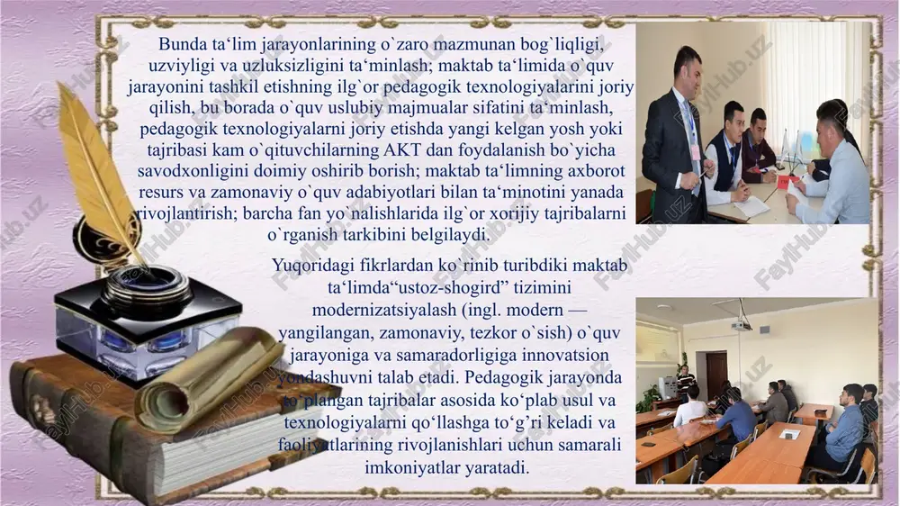 hi tomondan shogirdning ham ustozlarga bo‘lgan qo‘pol hatti-harakatlari turli-xil murakkab muammolarga sabab bo‘lmoqda.shogird ustozidan uzoqlashgan sari, ilm-fan, ma’rifat va dunyoviy tafakkurdan uzoqlashmoqda. bunday holatlar nafaqat ta’lim tizimidagi muammolarni yanada chuqurlashishi, murakkablashishi va chigallashishiga olib kelmoqda, balki butun jamiyatdagi o‘zgarishlarga ham salbiy ta’sir qilmoqda. kattalarga hurmat, kichiklarga izzat, vazmin ruhiy barqarorlik, shirin so‘z bilan o‘z maqsadiga qat’iy intilish chiroyli niqoblangan o‘tkir mulohazalar bilan ish yuritish kelib chiqilgan holda ulardagi ta’lim-tarbiya masalalarida oila omili hali ham ustuvor ekanligini kuzatish mumkin bo‘ladi; - ulardagi ta’lim-tarbiya bo‘yicha talablari qattiqligining ayrim tarixiy jihatlari samuraylarning «busido» kodeksidan kelib chiqadigan achchiq bo‘lsada to‘g‘ri gapirish, qiyinchiliklarga sabr qilish, doimiy izlanishda bo‘lish koreya maktabda “ustoz-shogird” an’analaridan foydalanish ko‘zlangan samarani beradi. pedagogik ta’limot g‘oyalariga ko‘ra amaliy ko‘nikma va malakalar bevosita tinimsiz o‘z ustida ishlash va orqali shakllanadi. “ustoz-shogird” an’anasi esa yosh pedagoglarda ijodiy izlanishni vujudga keltirishi, shogirddagi iqtidorni yanada rivojlantirish uchun qulay shart-sharoitlarni yaratishi bilan ahamiyatlidir. - tartib intizom va …
