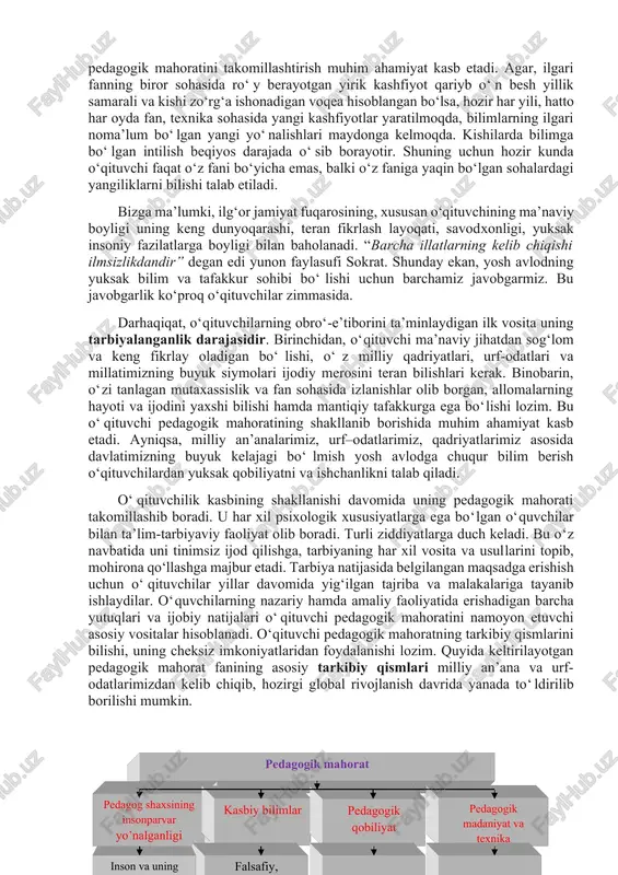 ni berish mumkin: pedagogik mahorat – bu o‘quv jarayonining barcha shakllarini eng qulay va samarali holatda tashkil etish, ularni shaxs kamoloti maqsadlari tomon yo‘naltirish, o‘quvchilarda ilmiy dunyoqarashni shakllantirish, ularda jamiyat uchun zarur bo‘lgan faoliyatga moyillik uyg`otishdir. pedagogik mahoratning asosiy tarkibiy qismlari. pedagogik mahorat yaxlit tizim sifatida quyidagi tarkibiy qismlardan iborat bo‘ladi: - pedagog shaxsini insonparvarlik yo‘nalishiga ega bo‘lishi, uning qiziqishlari, qadriyat yo‘nalishlari va ideallarining oliy maqsad-barkamol avlod tarbiyalashga yo‘naltirilganligi; - mutaxassislik fanlari, o‘qitish metodikasi, pedagogika-psixologiyadan mukammal bilimga ega bo‘lish; - pedagogik qobiliyatga ega bo‘lish (muloqotga moyillik, ishchanlik, kelajakni tasavvur qila olish, kasbiy mustaqillik, sensor axborotlarni tezlik bilan anglash (yuzidan uqib olish); - pedagogik madaniyat va texnikani egallash, ya’ni o‘z-o‘zini boshqara olish, o‘zaro ta’sir etish va hamkorlikda ishlashni uddalash. n.m.egamberdiyevaning fikricha, pedagog shaxsining insonparvar yo‘nalganligi quyidagilarda yorqin namoyon bo‘ladi: i. ta’lim maqsadi, o‘quv-tarbiya jarayonining shaxsga yo‘naltirilganligi sifatidagi shaxsga yangicha qarash: 1) shaxs pedagogik jarayonning ob’ekti emas, sub’ekti sifatida aks etadi; 2) …