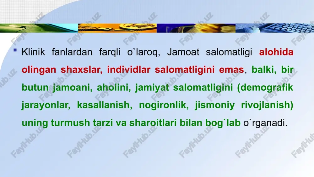 a so`zi – yuqumli kasalliklarning ommaviy tarqalganligini anglatgan. epi – odatdan tashqari, ommaviy; demic – demos so`zidan olingan bo`lib – xalqni anglatadi. demak, epidemiya - ma’lum bir hodisalarni, aholi orasida ommaviy ravishda tarqalganligini anglatadi. ammo hozirgi kungacha bizda epidemiologiya deganda yuqumli kasalliklarni tarqalishi va kelib chiqishi haqidagi qonuniyatlar tushunilgan. epidemiologik tadqiqot usullari ichida, epidemiologik tahlil muhim o`rin egallaydi. epidemiologik tahlil deganda - ma’lum bir hududda, mintaqada ma’lum epidemiologik jarayonlarni tarqalishini oldini olish maqsadida ularning sabablari va kelib chiqish qonuniyatlarini o`rganish usullarining yig`indisi tushuniladi. sog`liqni saqlashning turli sohasida, katta populyatsiyalarda, epidemiologik tadqiqot usullaridan foydalanish maqsadlariga qarab bir necha turlarga bo`linadi: klinik epidemiologiya, noinfeksion kasalliklar epidemiologiyasi, yuqumli kasalliklar epidemiologiyasi, farmokoepidemiologiya, ekoepidemiologiya va boshqalar. klinik epidemiologiya – dalillarga asoslangan tibbiyotning asosi (negizi) hisoblanib, unda alohida olingan patsiyent holatiga baho berish maqsadida kasalliklarning klinik kechishini aniq olingan ilmiy-tadqiqot usullari yordamida o`rganadi. klinik epidemiologiyaning maqsadi – xatolardan holi, obyektiv, aniq, xulosalar chiqarishga ko`maklashuvchi klinik tadqiqot …